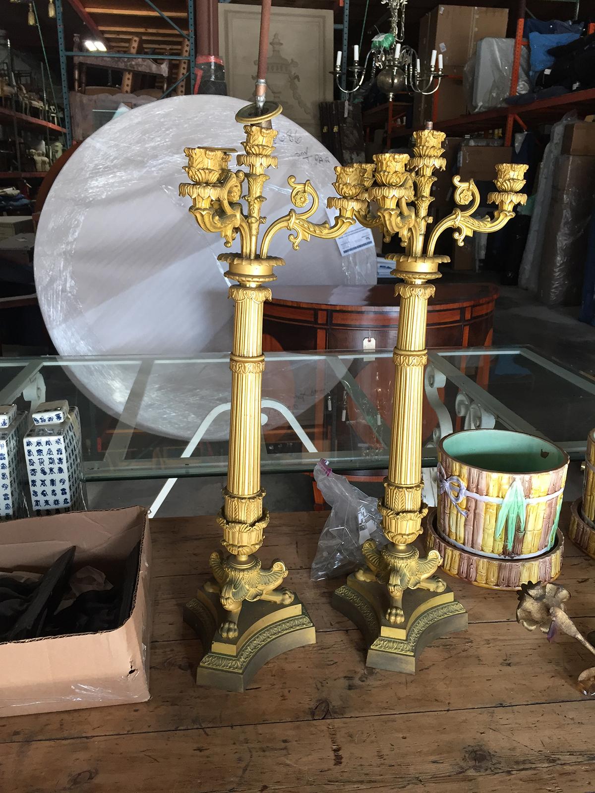 Pair of French Gilt Bronze Empire Candelabras as Lamps, circa 1810 For Sale 2