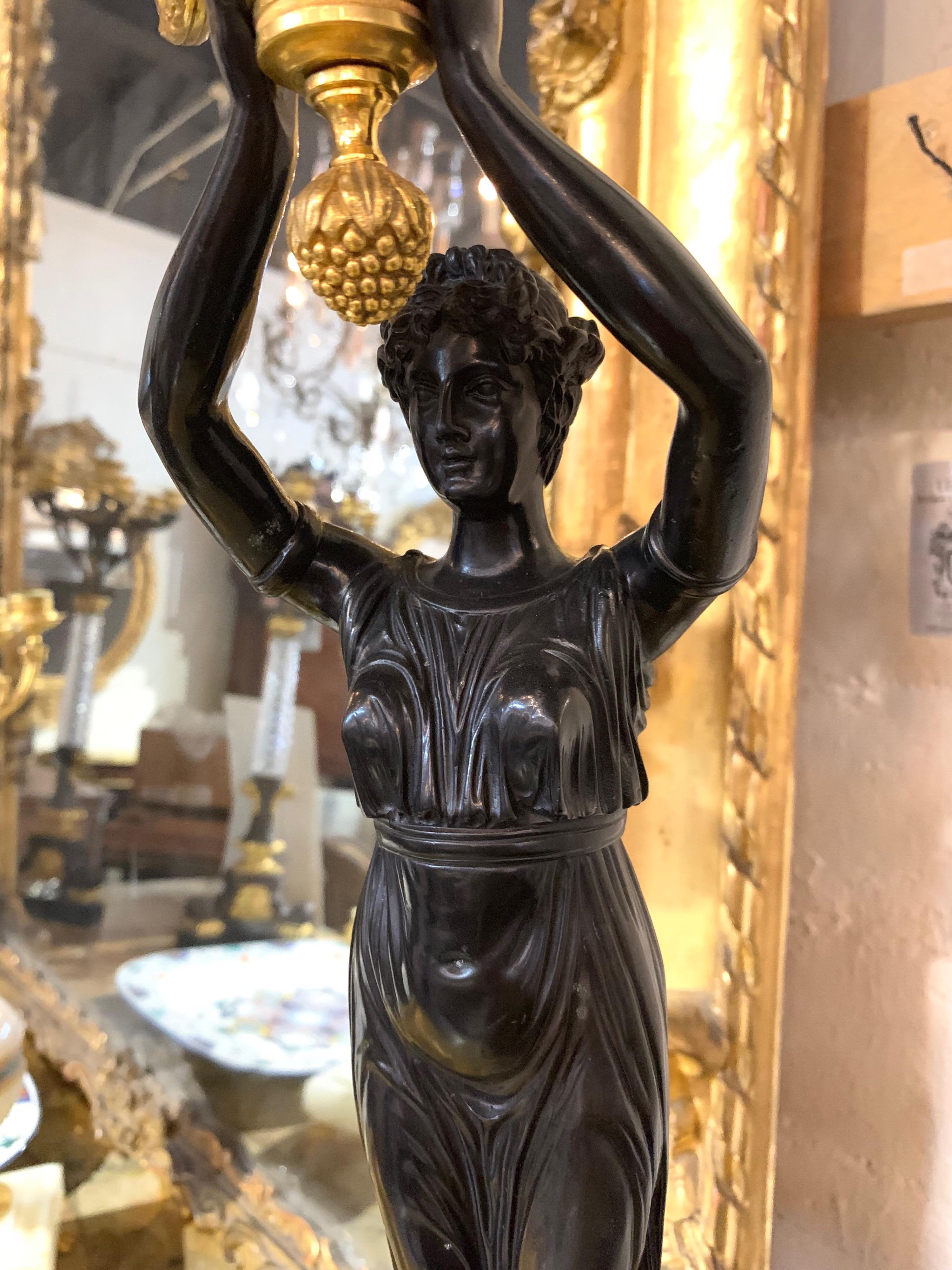 Exquisite pair of French gilt bronze figural candelabras. Beautiful gilt stand with a female goddess like figure holding up the candelabra. Each candelabra has a place for nine candles. What a statement these would make!