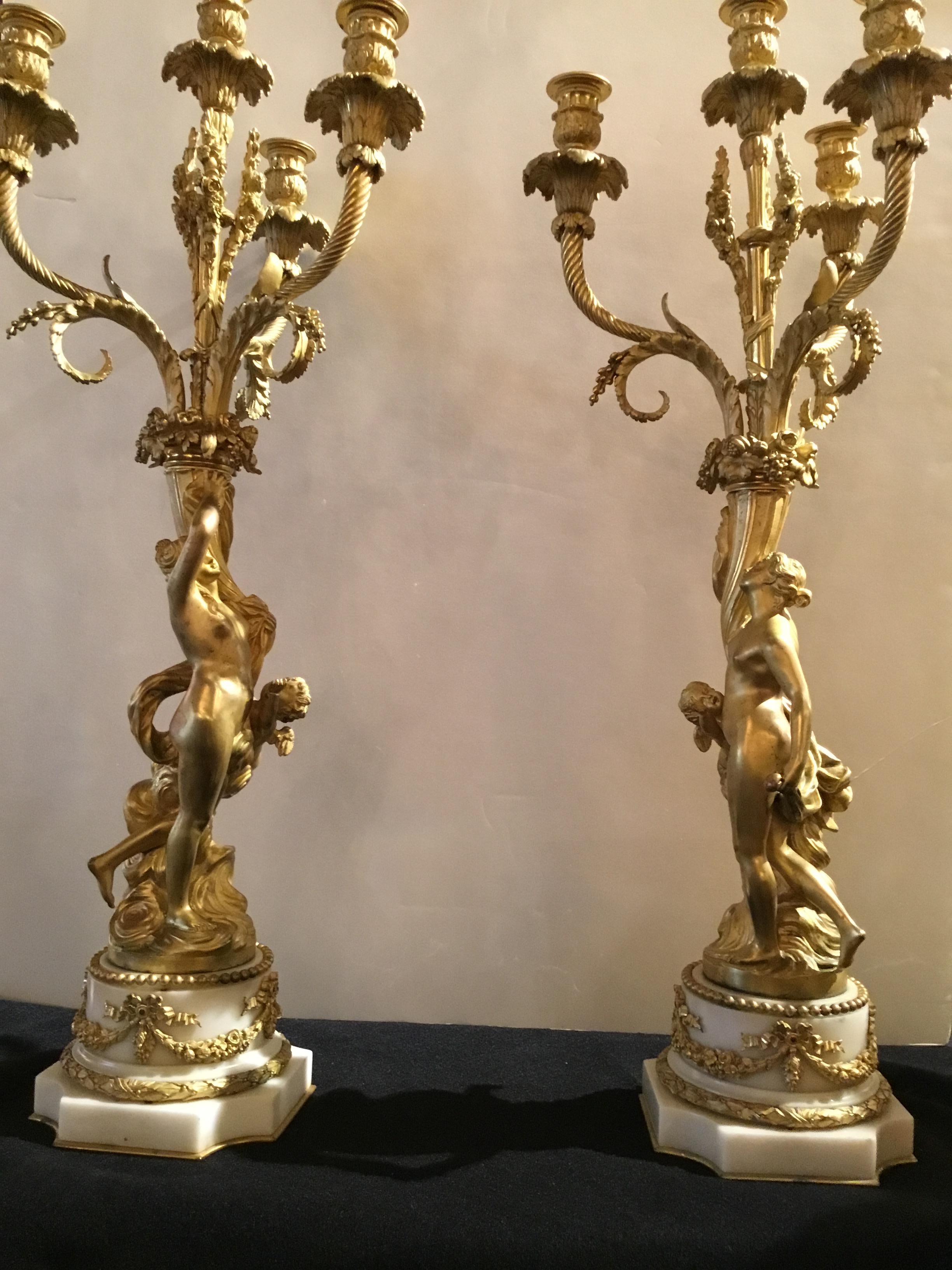 Pair of French Gilt Bronze Figural Candelabra circa 1790 on White Marble Bases 6