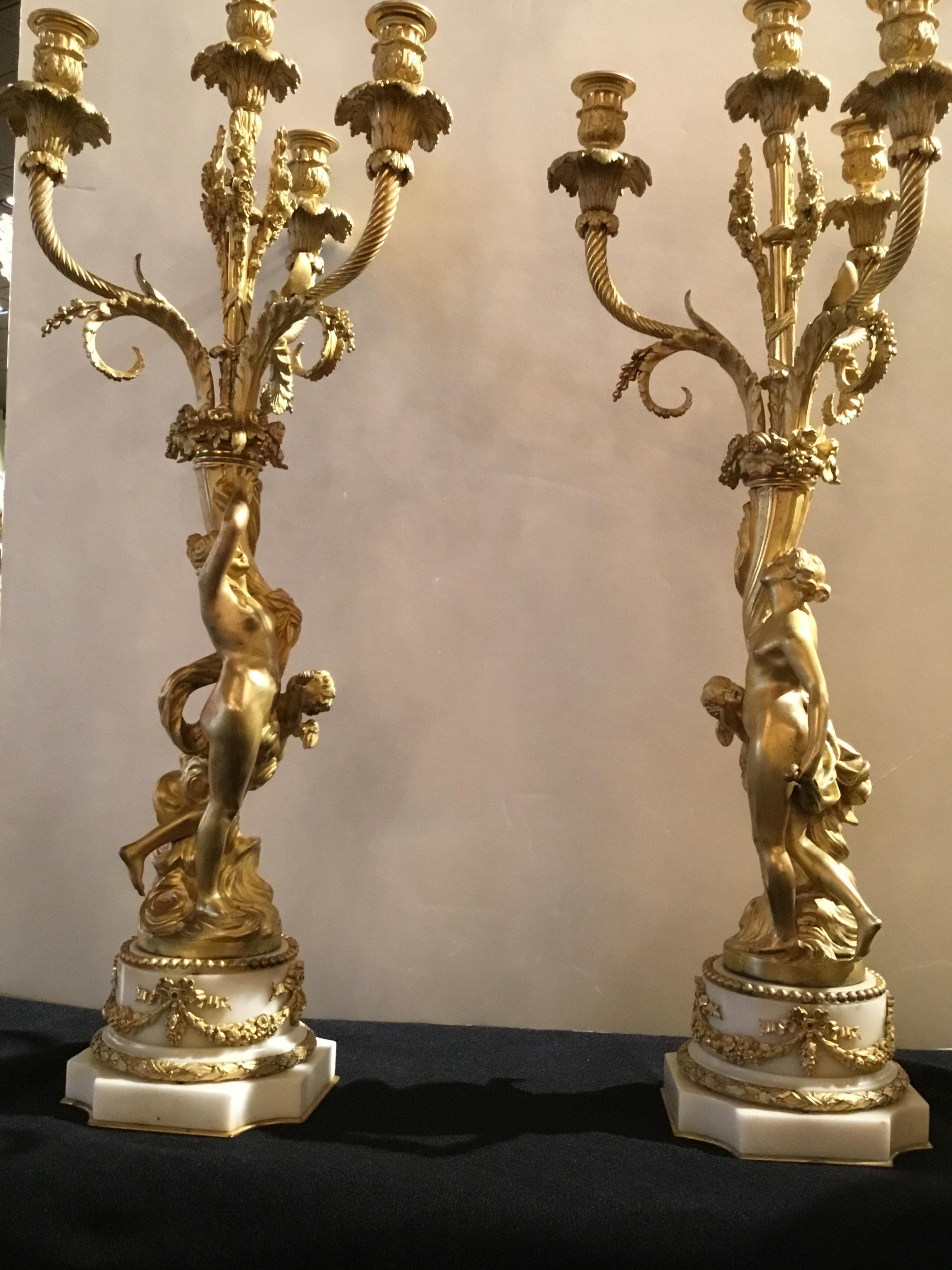 Pair of French Gilt Bronze Figural Candelabra circa 1790 on White Marble Bases 7