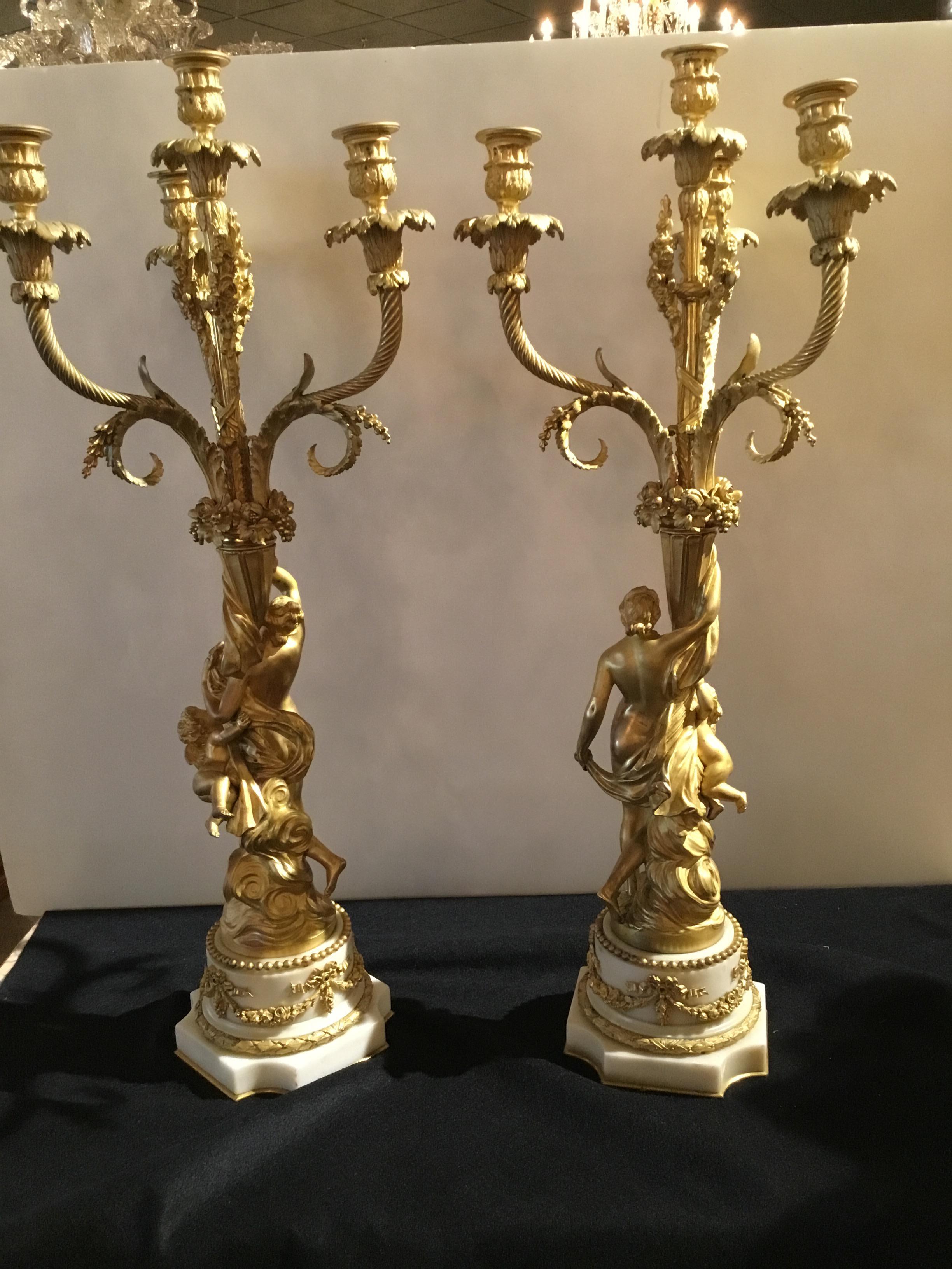 Pair of French Gilt Bronze Figural Candelabra circa 1790 on White Marble Bases 4