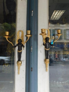 Pair of French Gilt Bronze Figural Cherub Winged Two Arm Wall Sconces, C. 1820