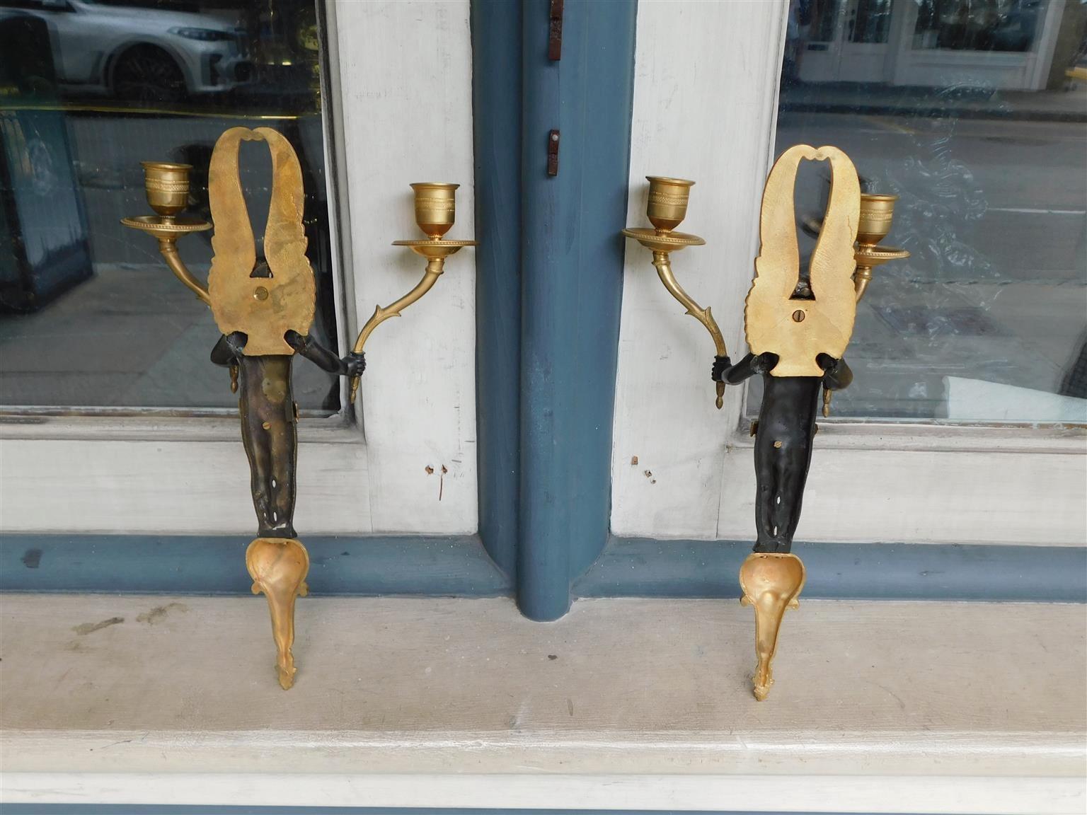 Pair of French Gilt Bronze Figural Cherub Winged Two Arm Wall Sconces, C. 1820 For Sale 2