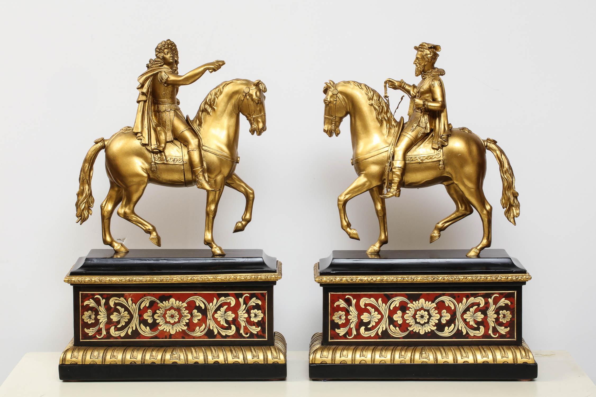 A pair of French gilt bronze figures on horses of Louis XIV & Francois I on Boulle bases,
circa 1890.

Very good quality, excellent condition.
(can be used as bookends)

Measures: 16