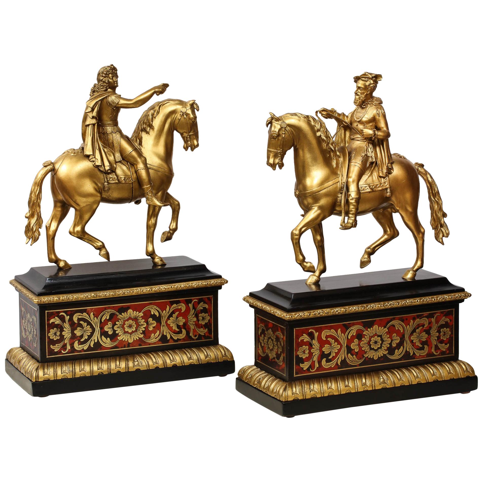 A pair of French gilt bronze figures on horses of Louis XIV and Francois I on Boulle bases,
circa 1890.

Very good quality, excellent condition.
(can be used as bookends)

Measures: 16