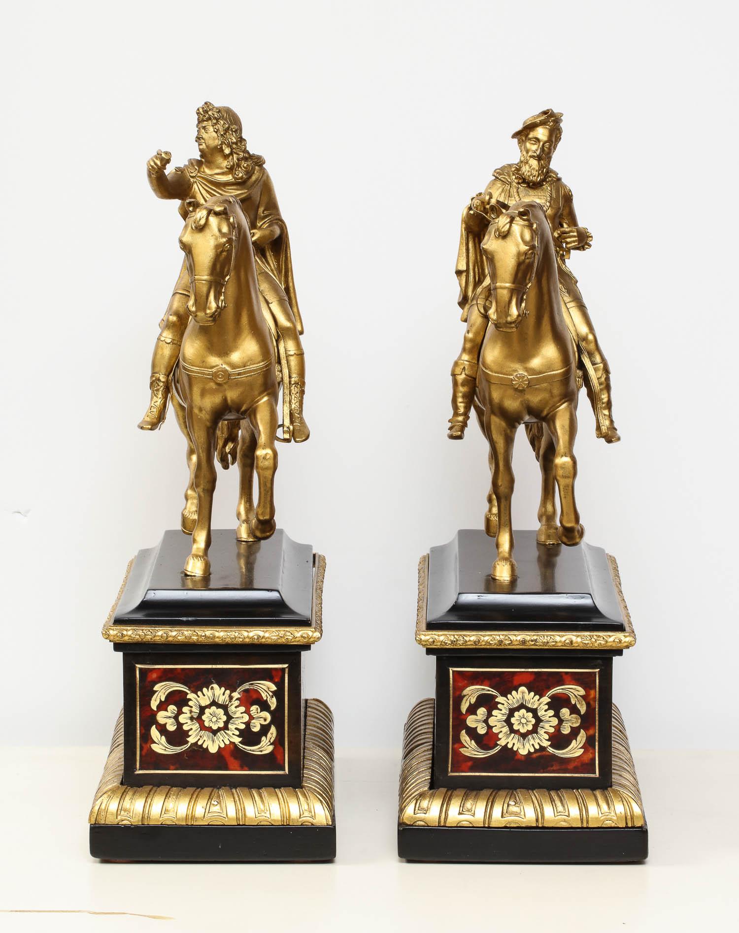 19th Century Pair of French Gilt Bronze Horse Riders on Ebony Boulle Bases
