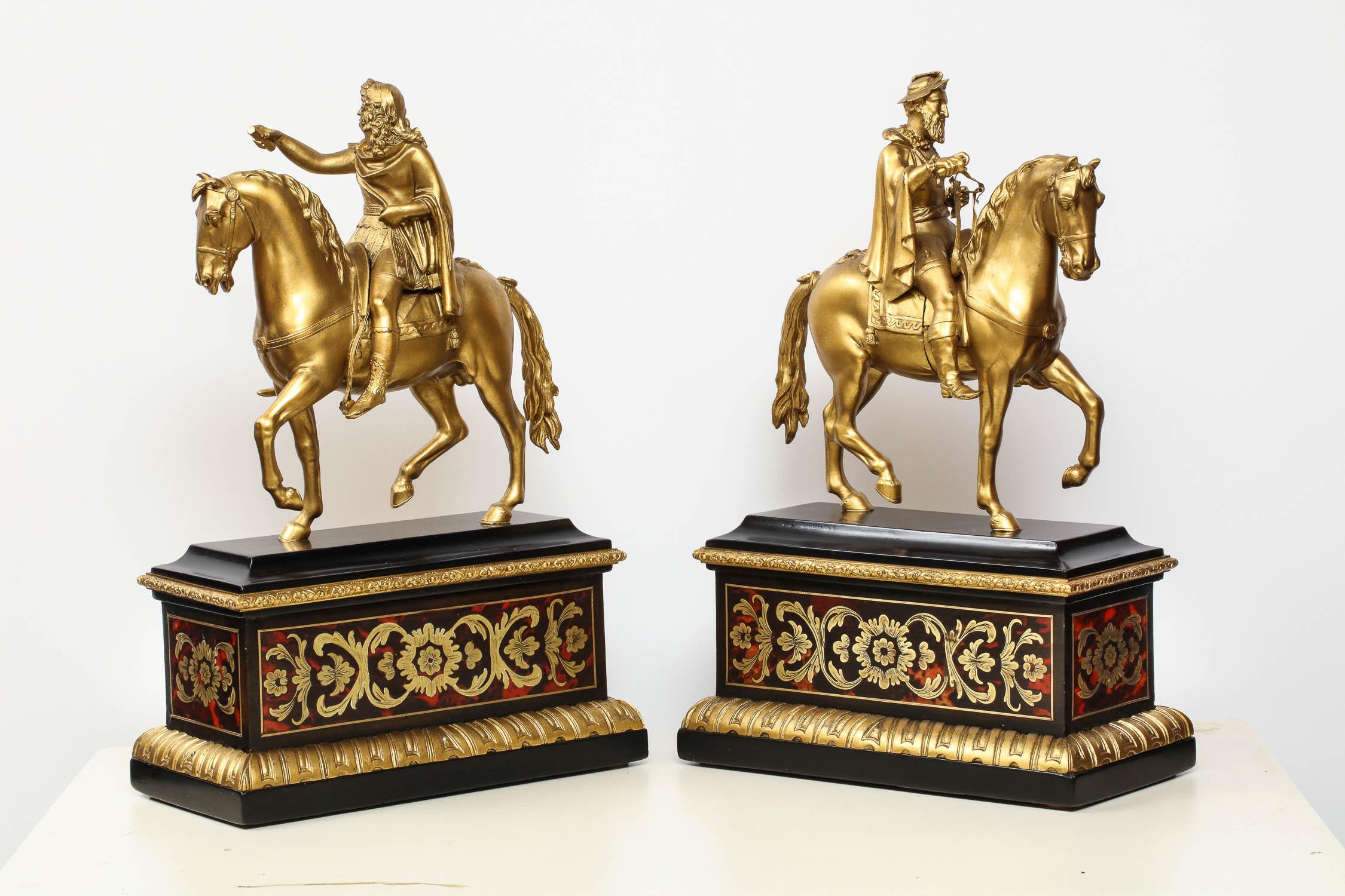 Pair of French Gilt Bronze Horse Riders on Ebony Boulle Bases 1