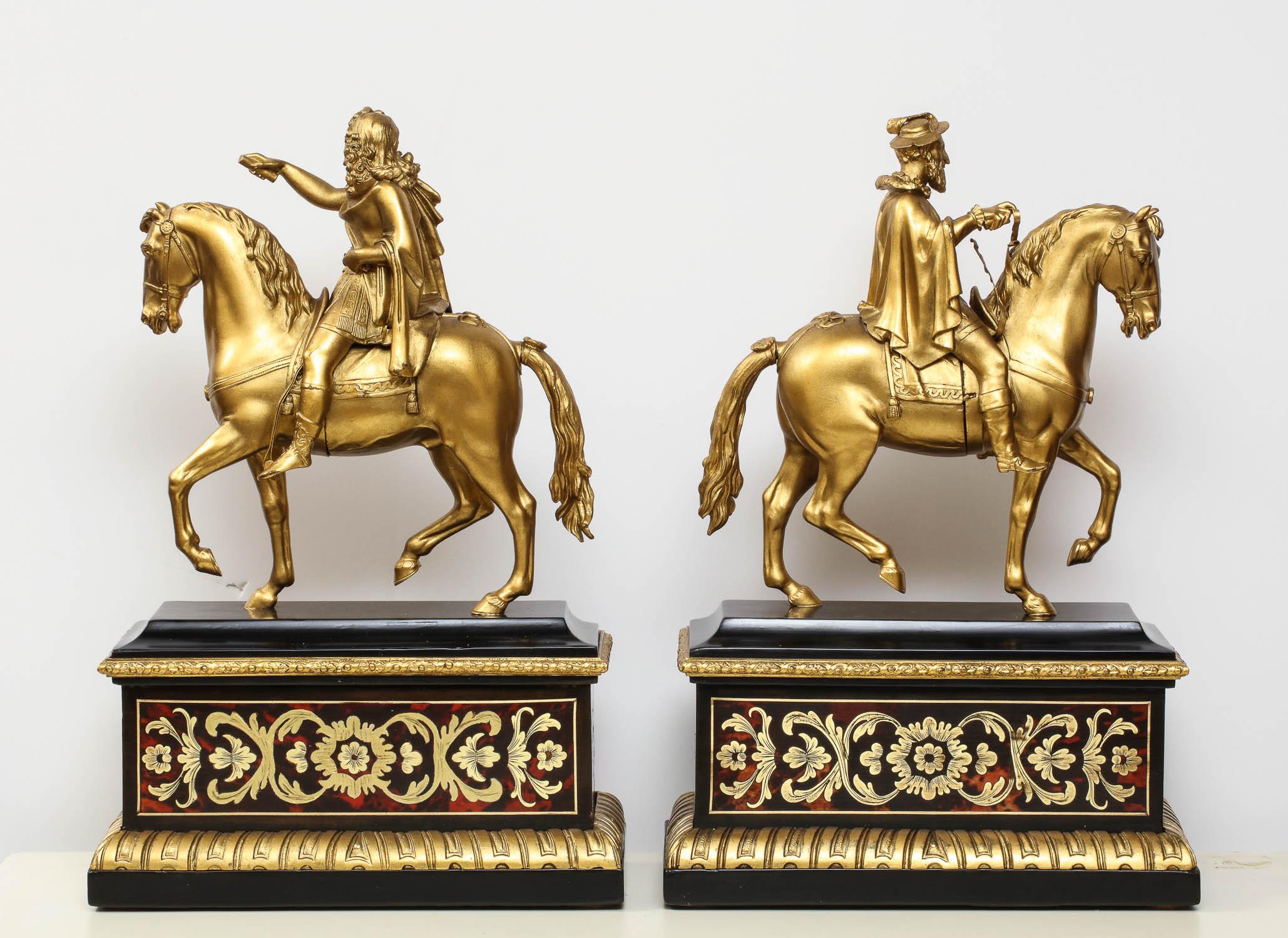 Pair of French Gilt Bronze Horse Riders on Ebony Boulle Bases 2