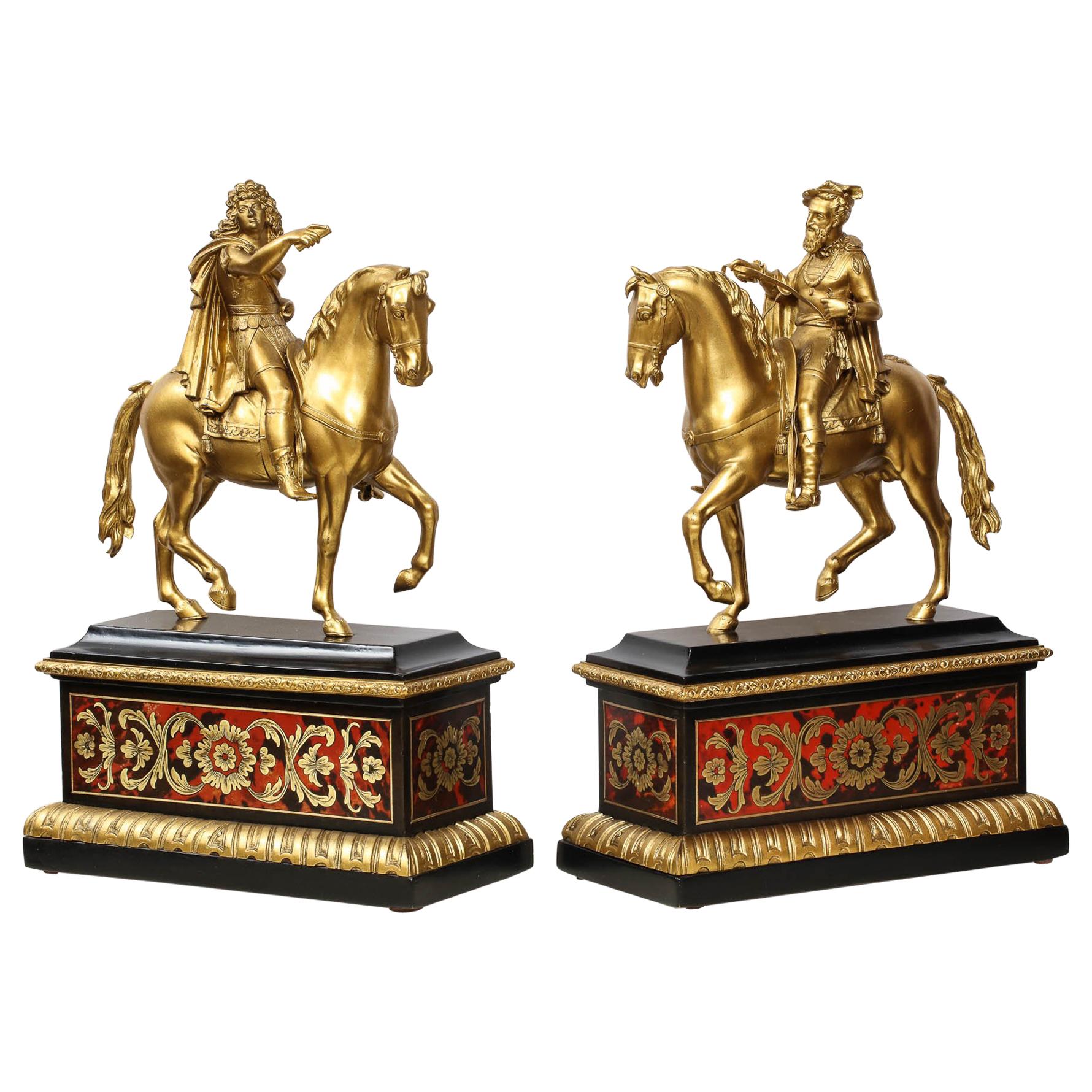 Pair of French Gilt Bronze Horse Riders on Ebony Boulle Bases