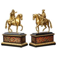 Antique Pair of French Gilt Bronze Horse Riders on Ebony Boulle Bases