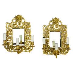 Antique Pair of French Gilt Bronze Mirrored Louis XIV Wall Lights, Late 19th Century