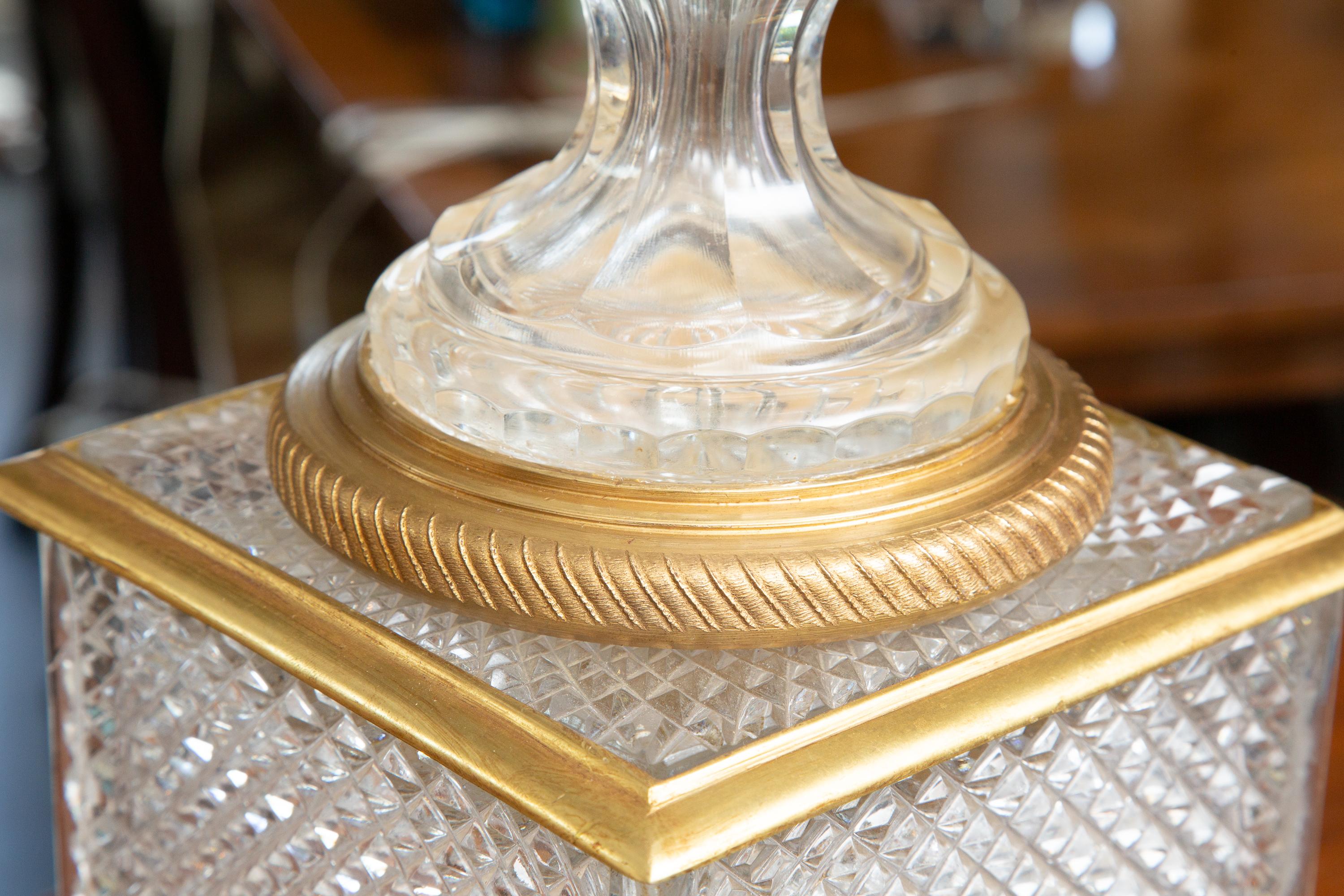 Pair of French Gilt Bronze Mounted Crystal Urns In Good Condition In WEST PALM BEACH, FL