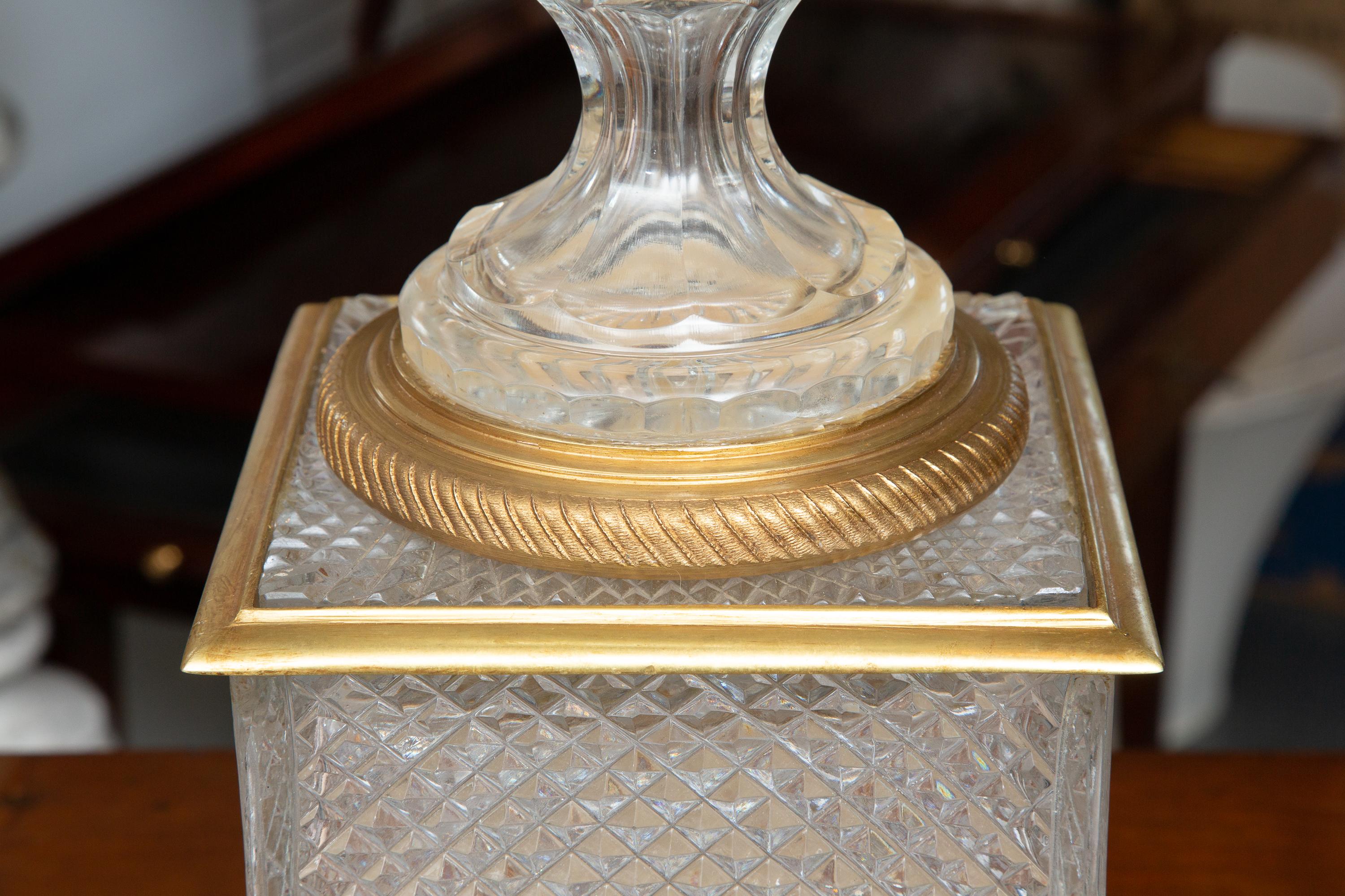 20th Century Pair of French Gilt Bronze Mounted Crystal Urns