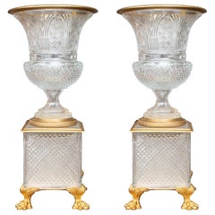 Pair of French Gilt Bronze Mounted Crystal Urns