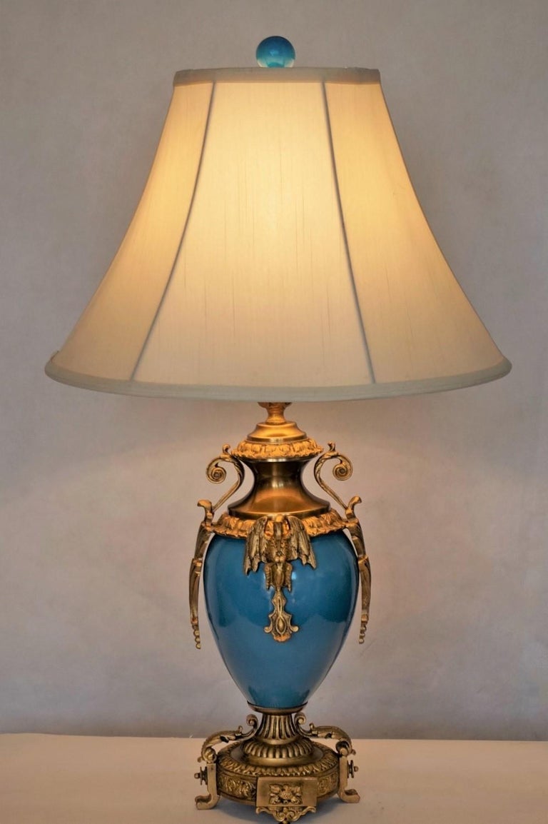 Pair Of French Gilt Bronze Mounted Turquoise Blue Porcelain Table Lamps 