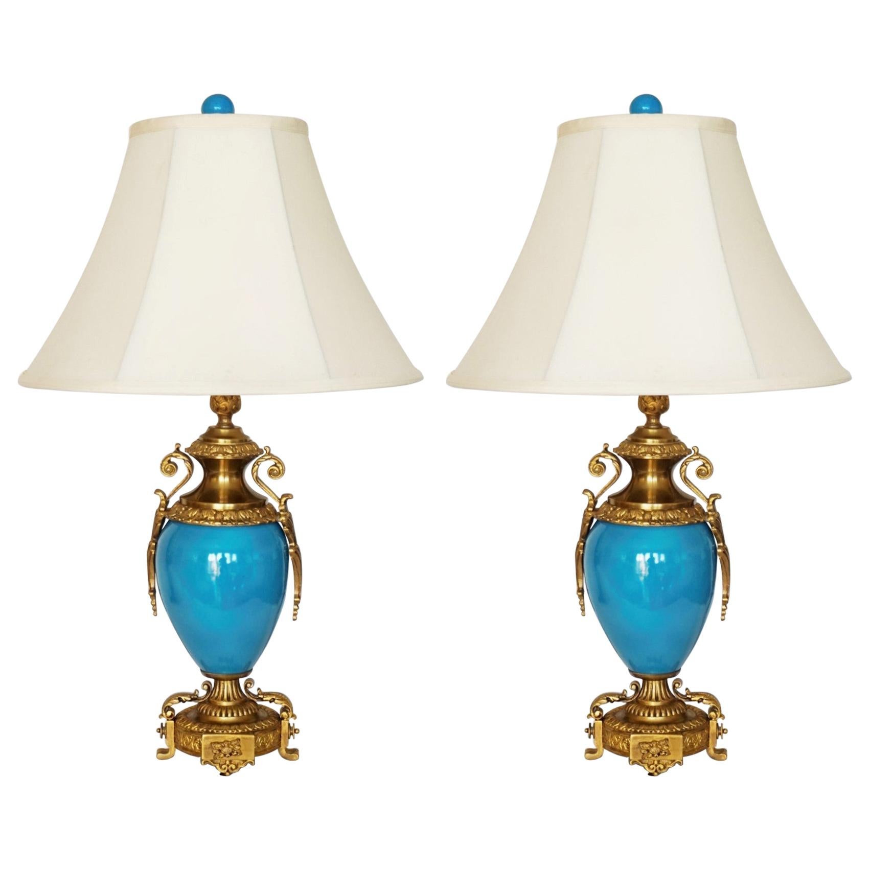 Pair of French Gilt Bronze-Mounted Turquoise Blue Porcelain Table Lamps