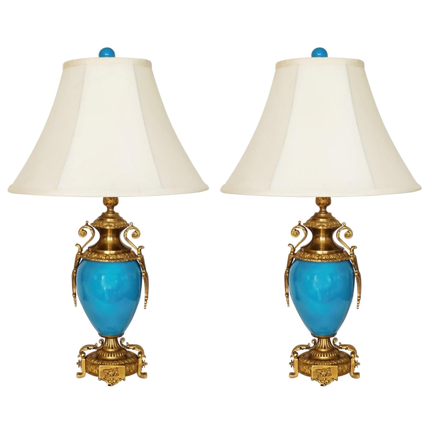 Pair of French Gilt Bronze-Mounted Turquoise Blue Porcelain Table Lamps
