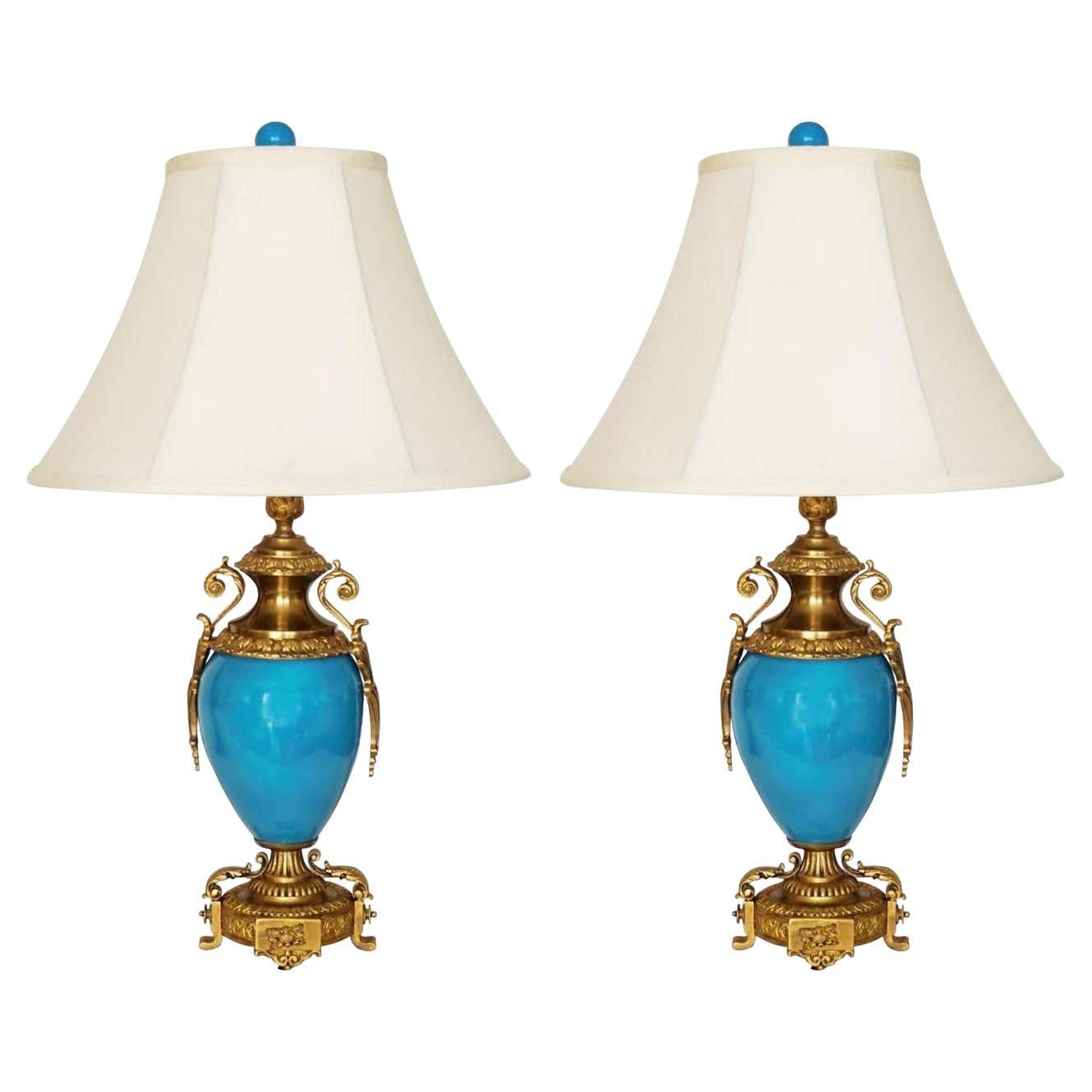 Pair of French Gilt BronzeMounted Turquoise Blue Porcelain Table Lamps