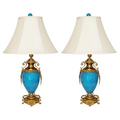 Antique Pair of French Gilt Bronze-Mounted Turquoise Blue Porcelain Table Lamps