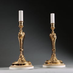 Pair of French Ormolu, Gilt Bronze, Marble Neo Classical Candlestick Table Lamps