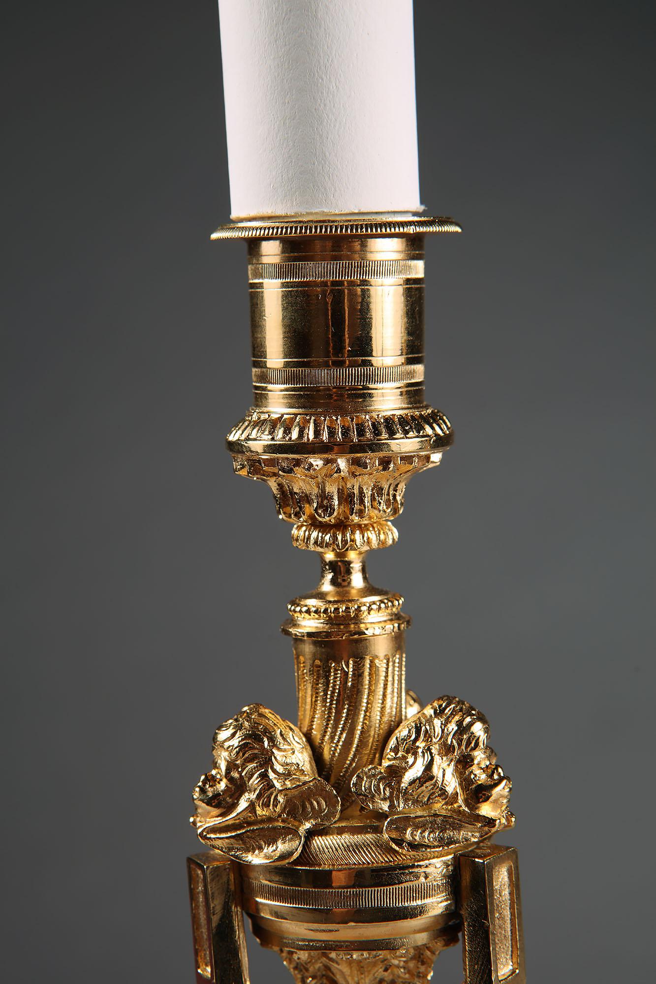 19th Century Pair of French Ormolu, Gilt Bronze, Marble Neo Classical Candlestick Table Lamps For Sale