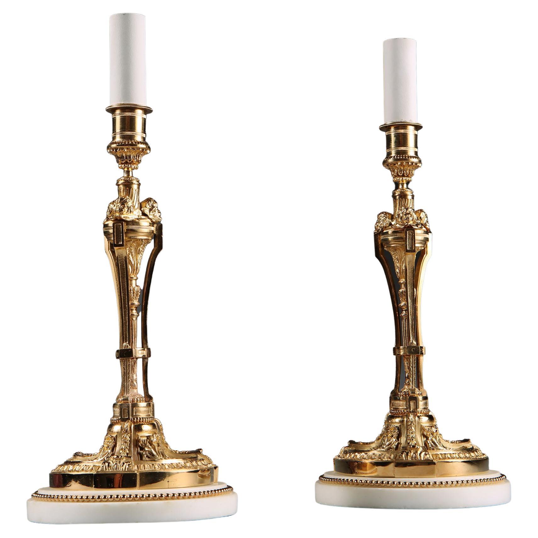 Pair of French Ormolu, Gilt Bronze, Marble Neo Classical Candlestick Table Lamps For Sale