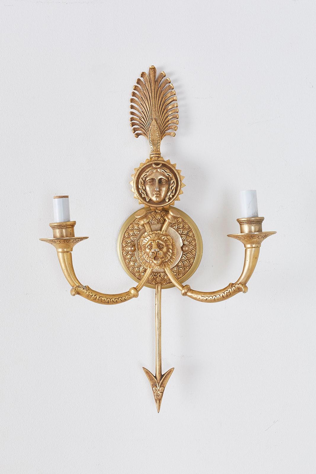 Hand-Crafted Pair of French Gilt Bronze Neoclassical Arrow Sconces