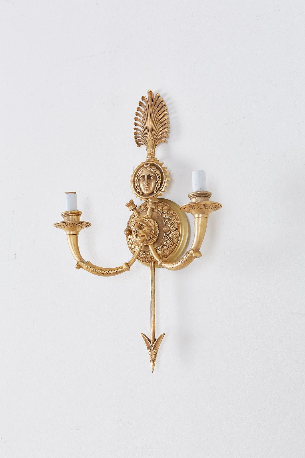 Pair of French Gilt Bronze Neoclassical Arrow Sconces In Excellent Condition In Rio Vista, CA