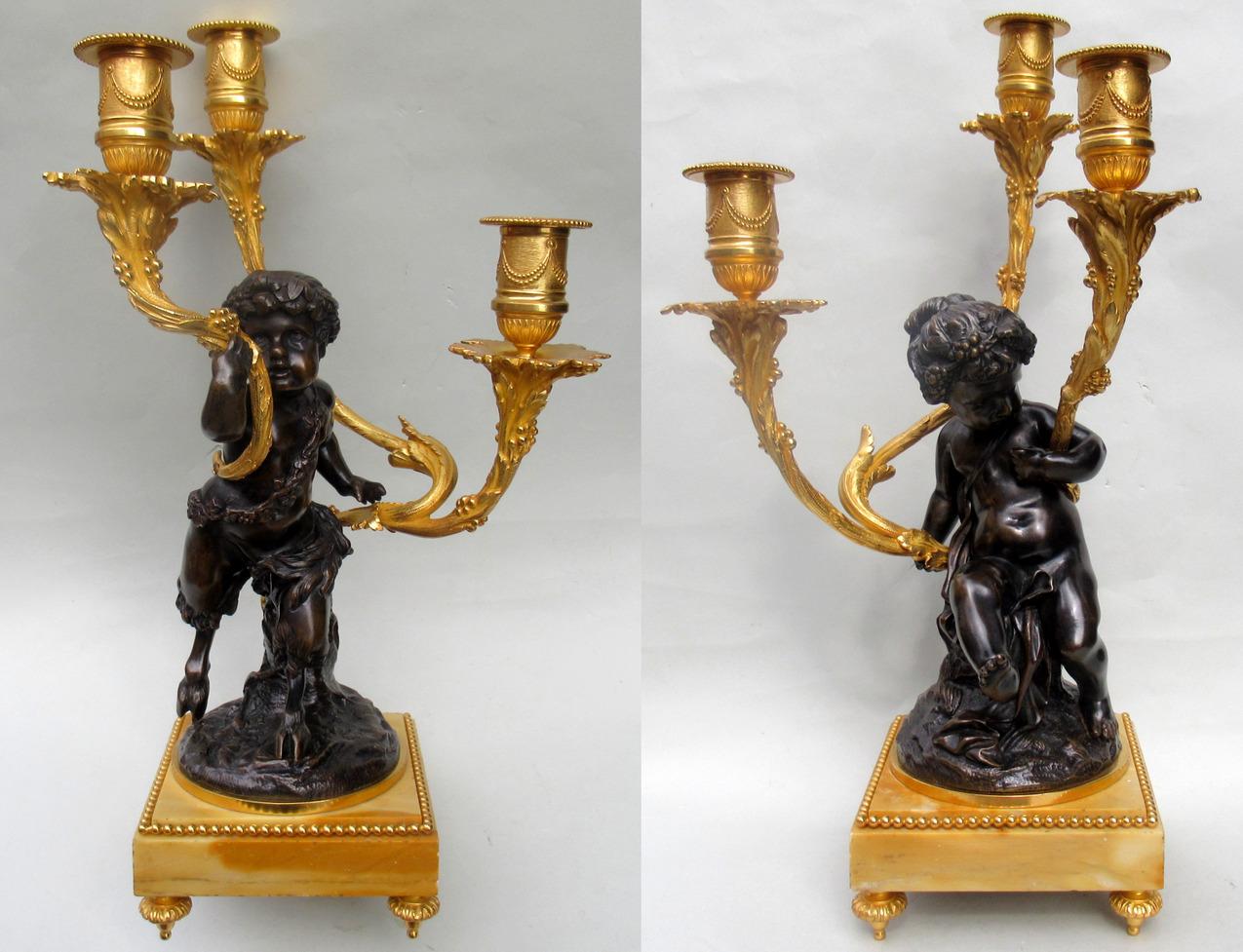 Français Paire de candélabres français Clodion Grand Tour en bronze doré et bronze doré et marbre de Sienne en vente