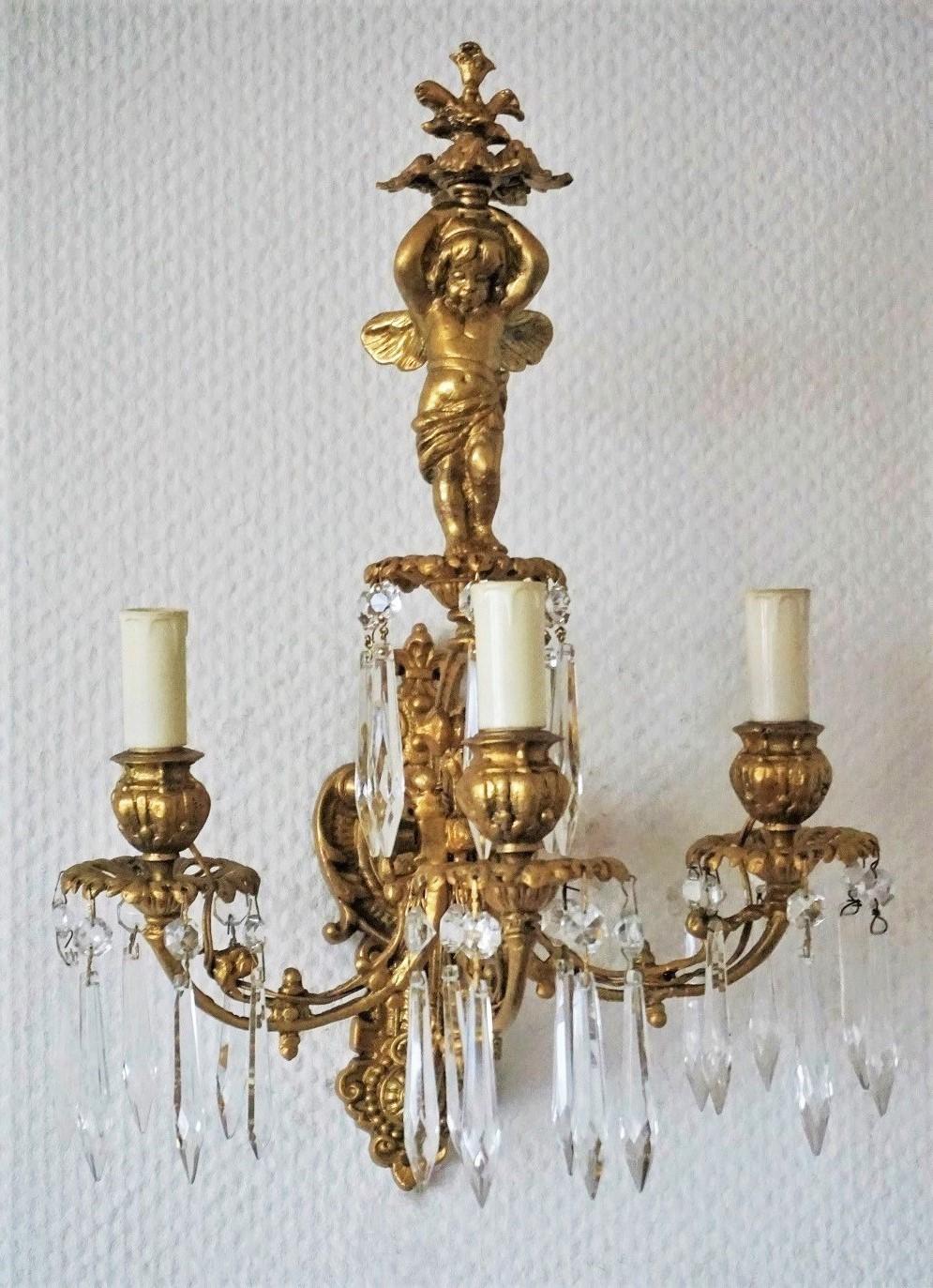 Pair of French Gilt Bronze Putti Three-Arm Wall Sconces, Early 19th Century 2