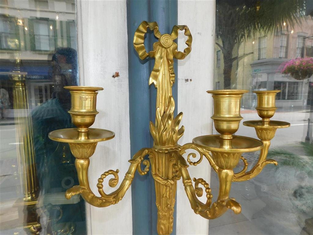 Pair of French Gilt Bronze Ribbon & Foliage Three Arm Wall Sconces, Circa 1820 For Sale 5
