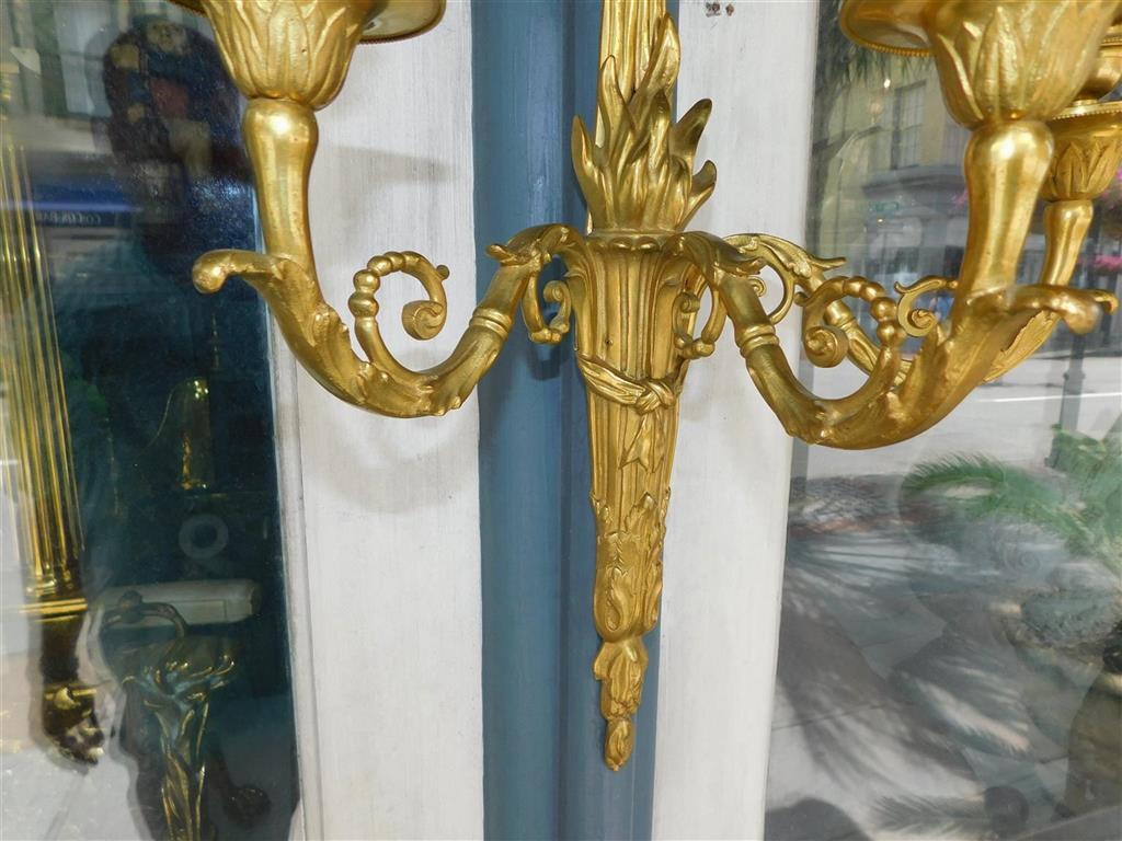 Pair of French Gilt Bronze Ribbon & Foliage Three Arm Wall Sconces, Circa 1820 For Sale 6