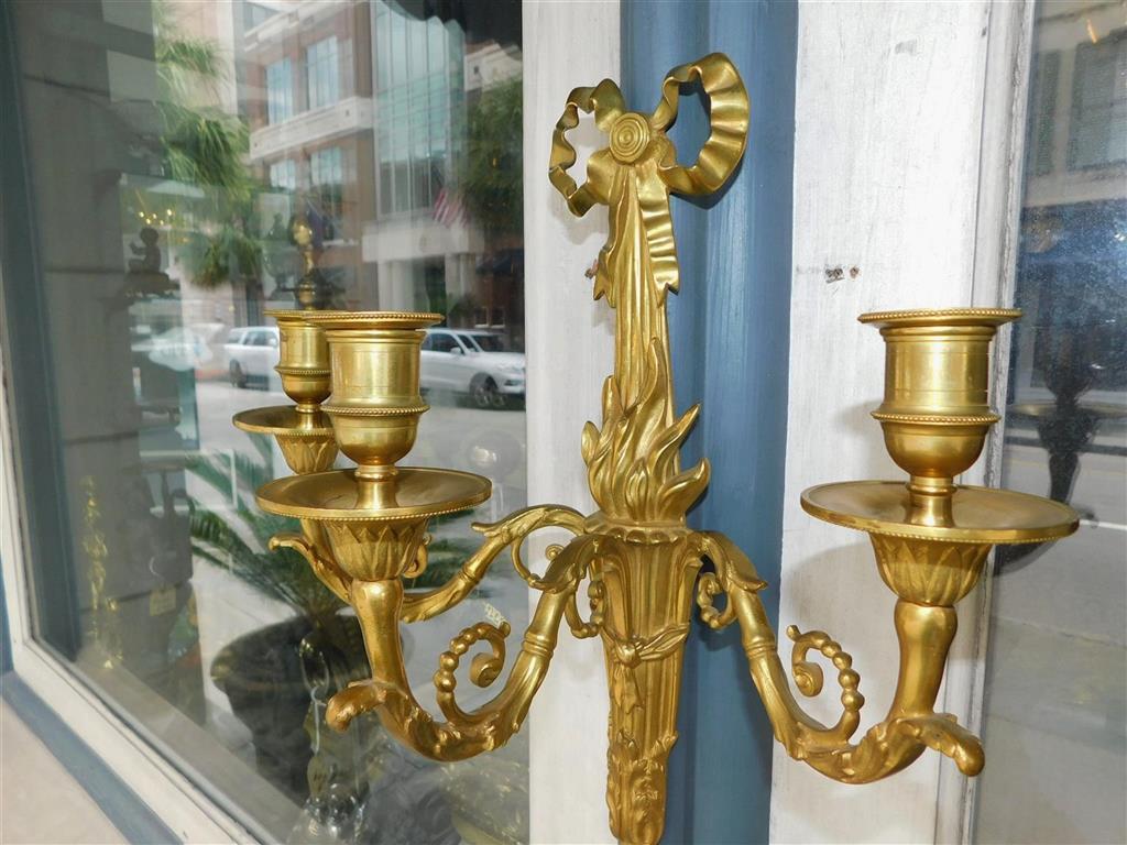 Pair of French Gilt Bronze Ribbon & Foliage Three Arm Wall Sconces, Circa 1820 For Sale 7
