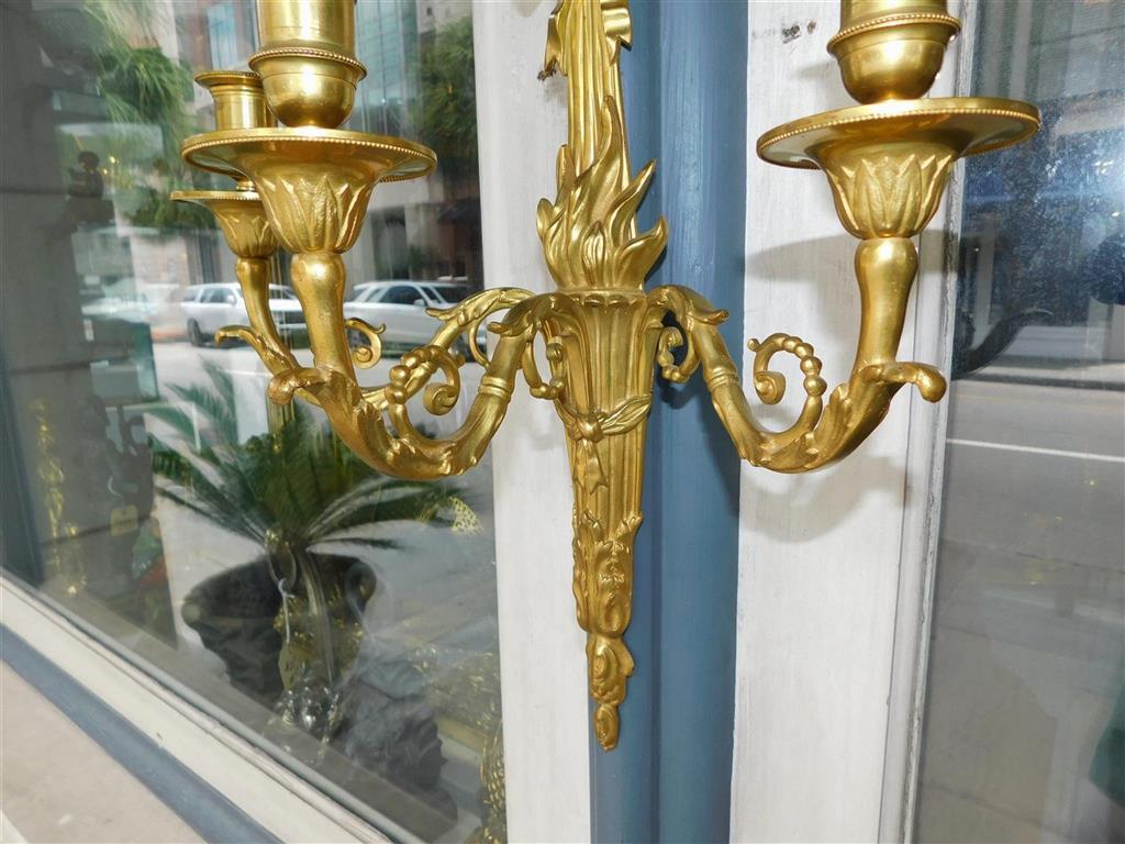 Pair of French Gilt Bronze Ribbon & Foliage Three Arm Wall Sconces, Circa 1820 For Sale 8