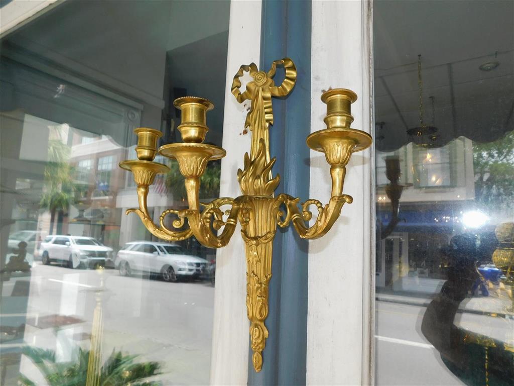 Pair of French Gilt Bronze Ribbon & Foliage Three Arm Wall Sconces, Circa 1820 In Excellent Condition For Sale In Hollywood, SC