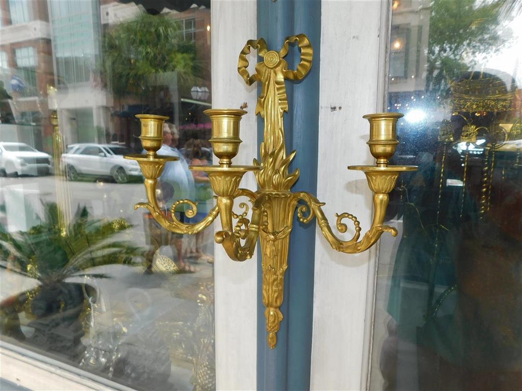 Pair of French Gilt Bronze Ribbon & Foliage Three Arm Wall Sconces, Circa 1820 For Sale 1