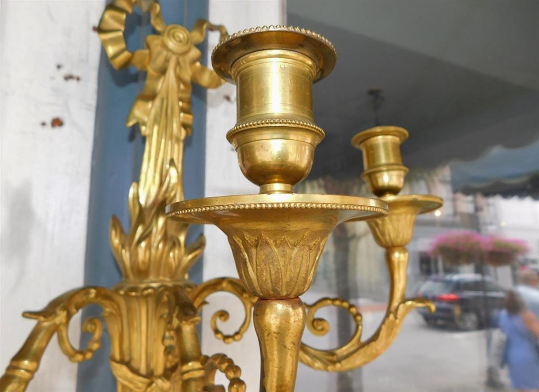 Pair of French Gilt Bronze Ribbon & Foliage Three Arm Wall Sconces, Circa 1820 For Sale 4