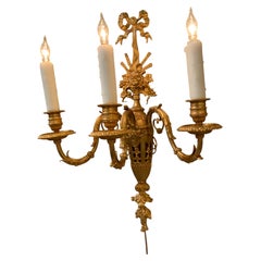 Pair of French gilt bronze Sconces, 19 th century, three light, wired