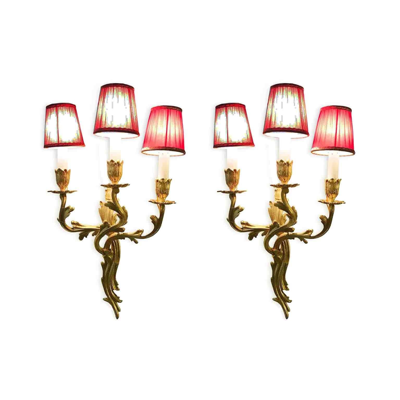 Pair of French Gilt Bronze Sconces Louis XV Style Three-armed Wall Candelabra In Good Condition For Sale In Milan, IT