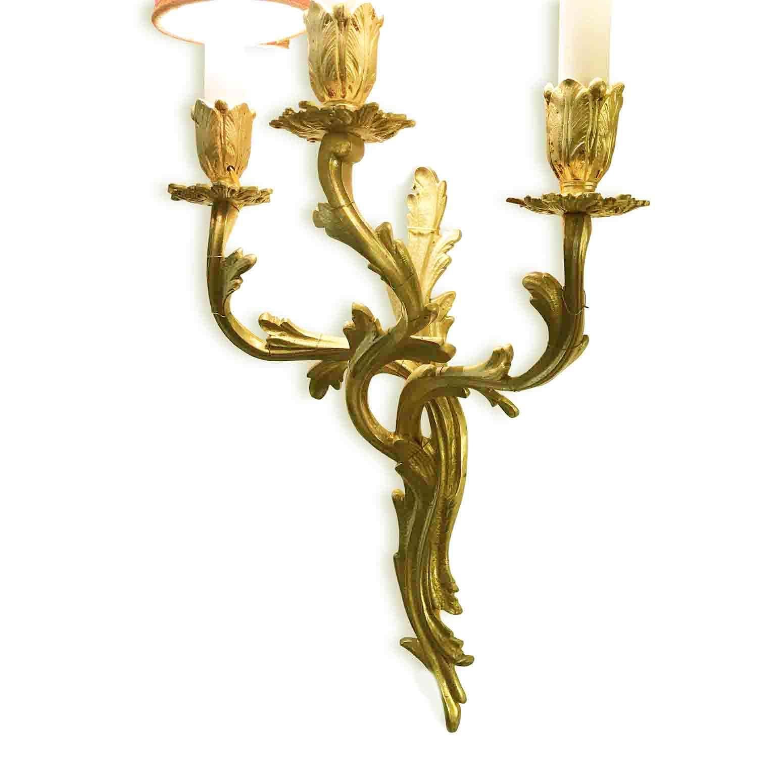 20th Century Pair of French Gilt Bronze Sconces Louis XV Style Three-armed Wall Candelabra For Sale