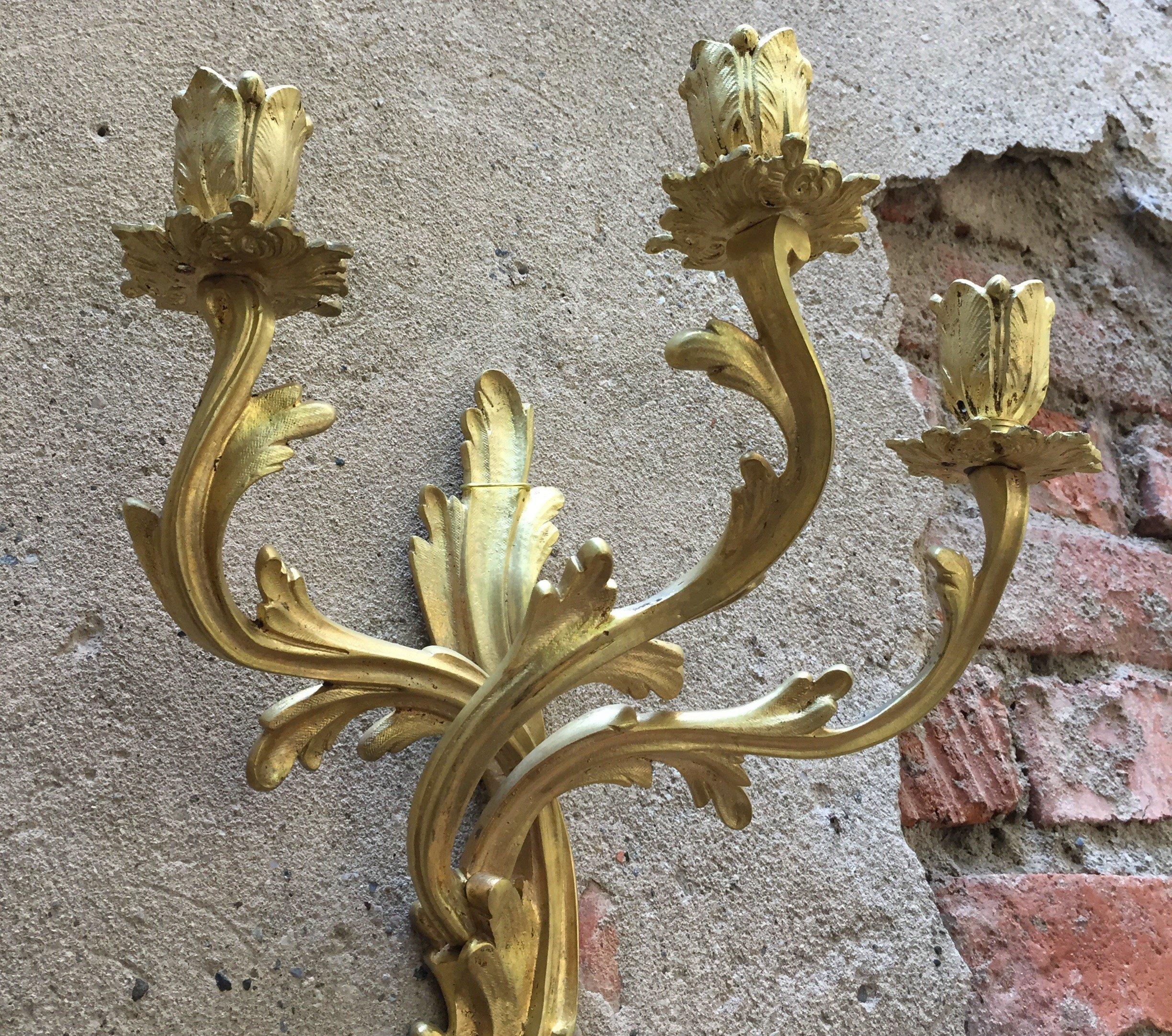 Pair of French Gilt Bronze Sconces Louis XV Style Three-armed Wall Candelabra For Sale 2