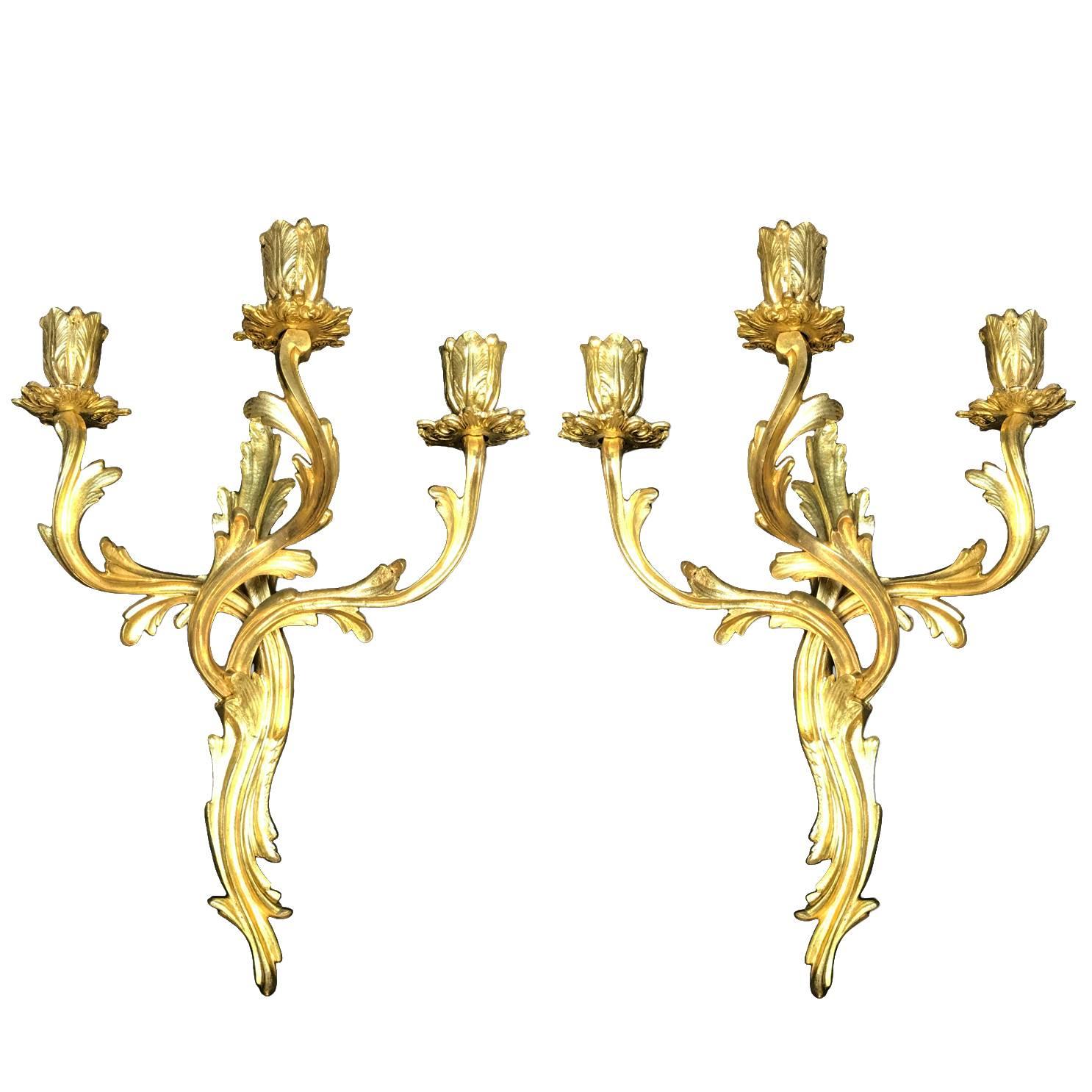 Pair of French Gilt Bronze Sconces Louis XV Style Three-armed Wall Candelabra For Sale 3