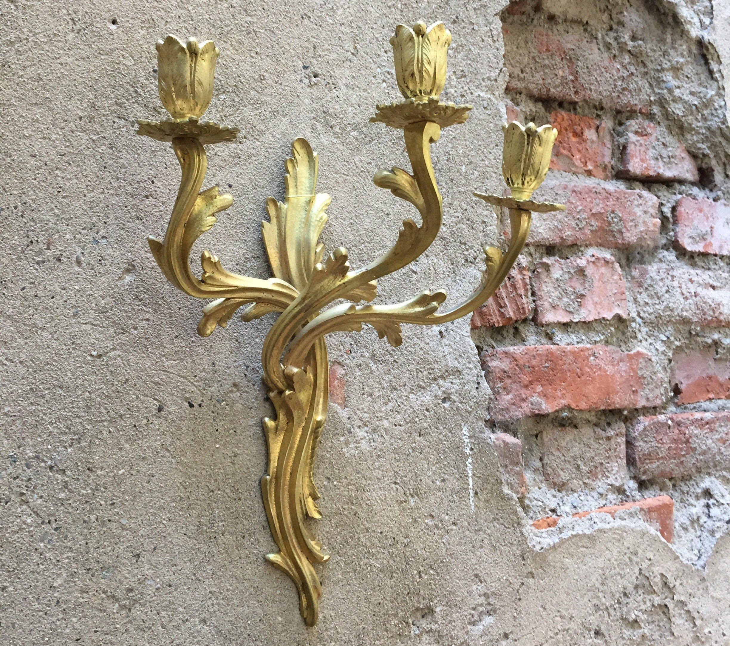 Pair of French Gilt Bronze Sconces Louis XV Style Three-armed Wall Candelabra For Sale 4