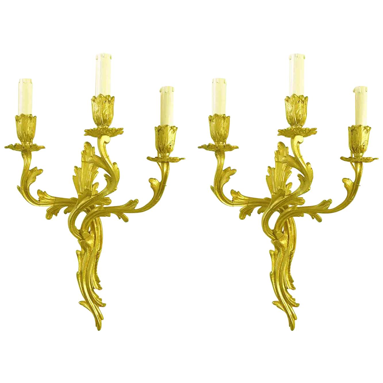 Pair of French Gilt Bronze Sconces Louis XV Style Three-armed Wall Candelabra