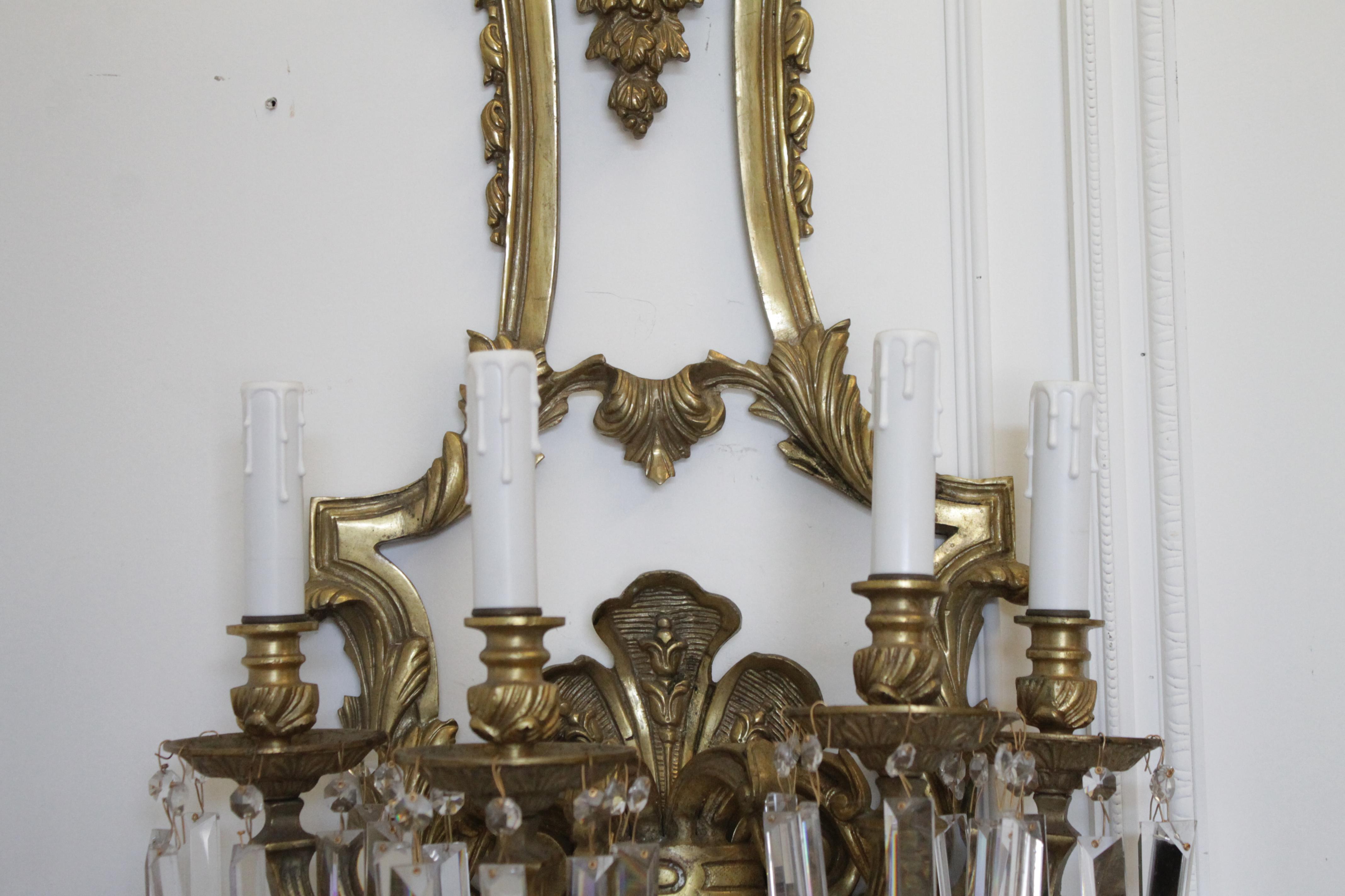 Pair of French Gilt Bronze Sconces with Crystals In Good Condition In Brea, CA