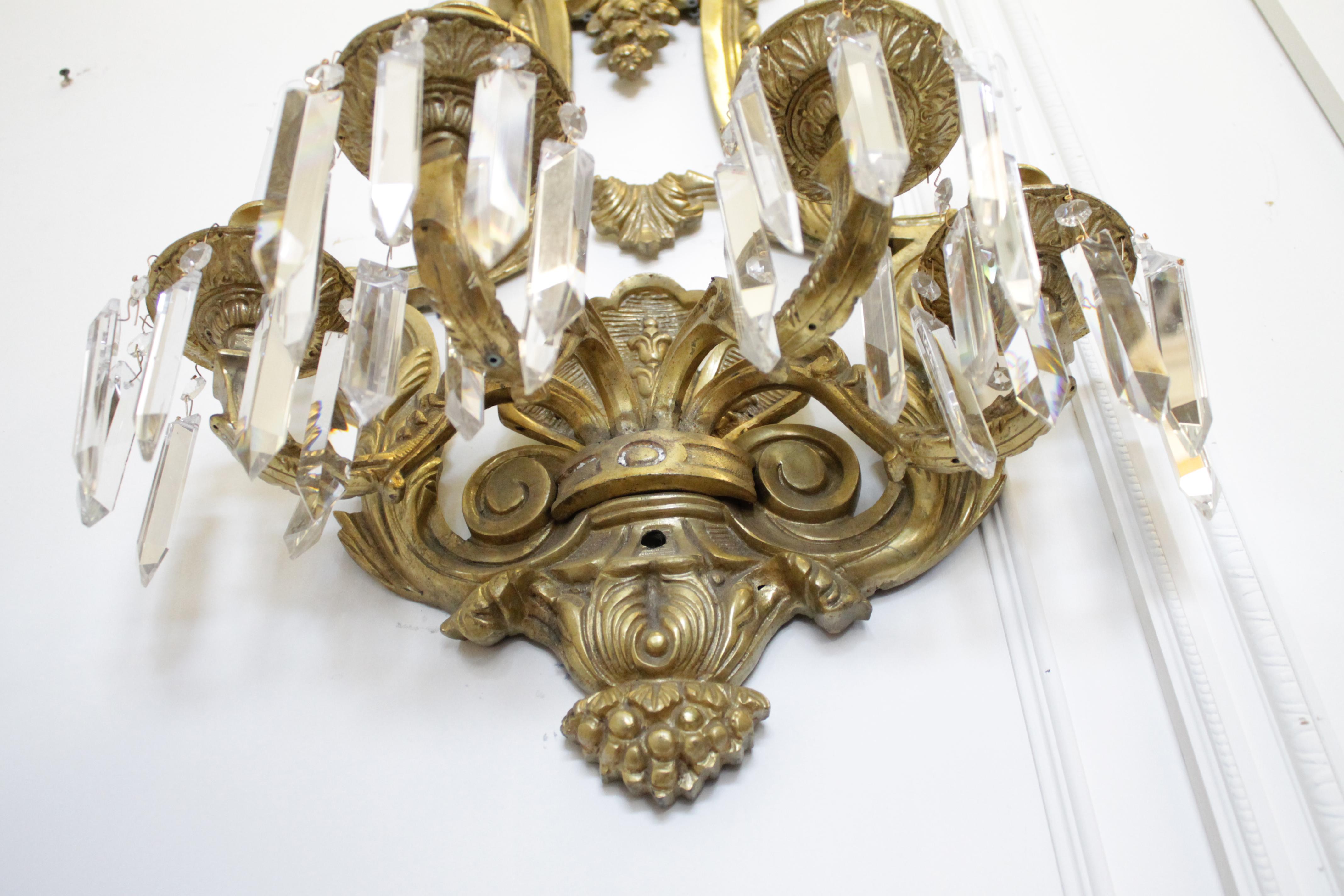 Pair of French Gilt Bronze Sconces with Crystals 1