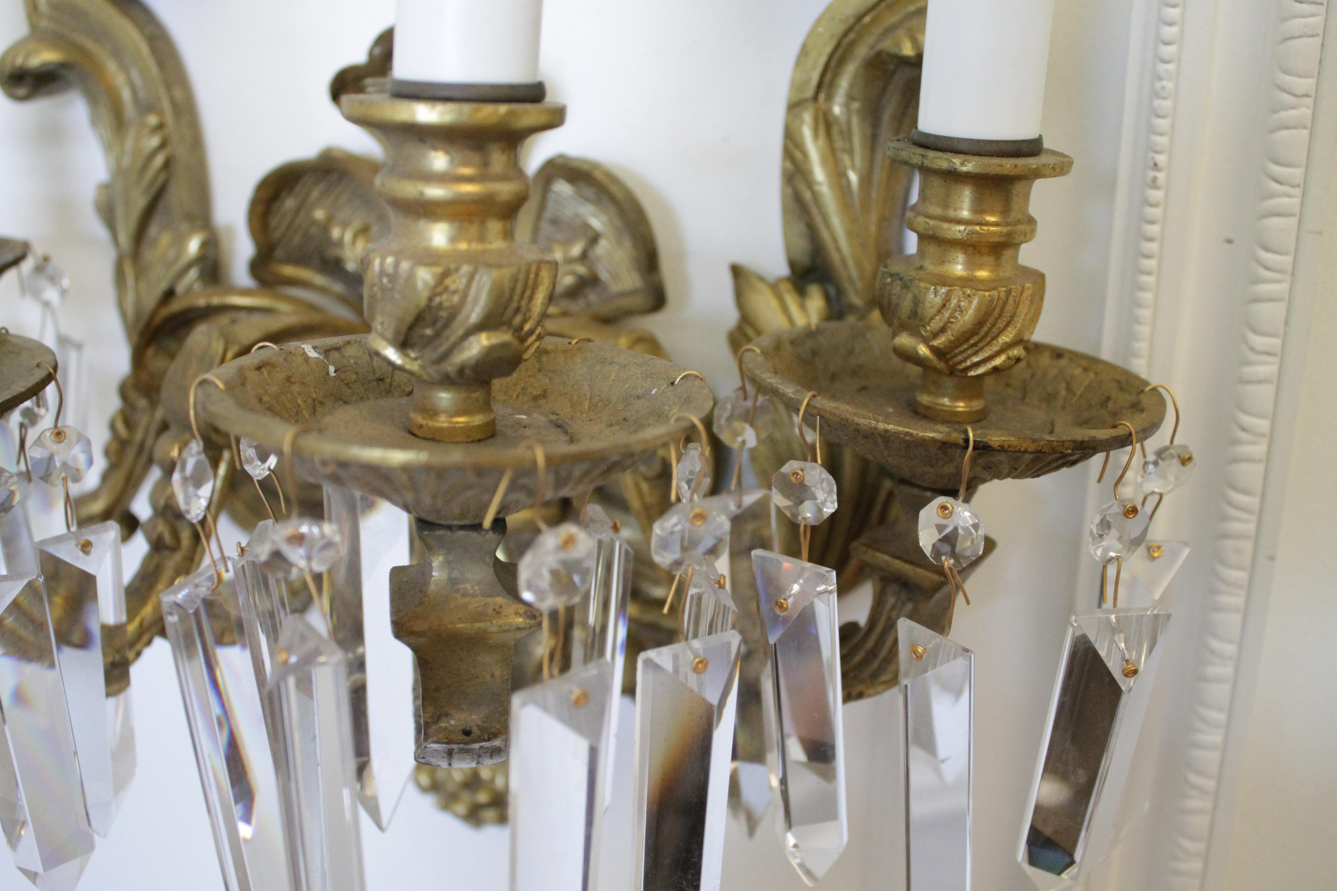 Pair of French Gilt Bronze Sconces with Crystals 2