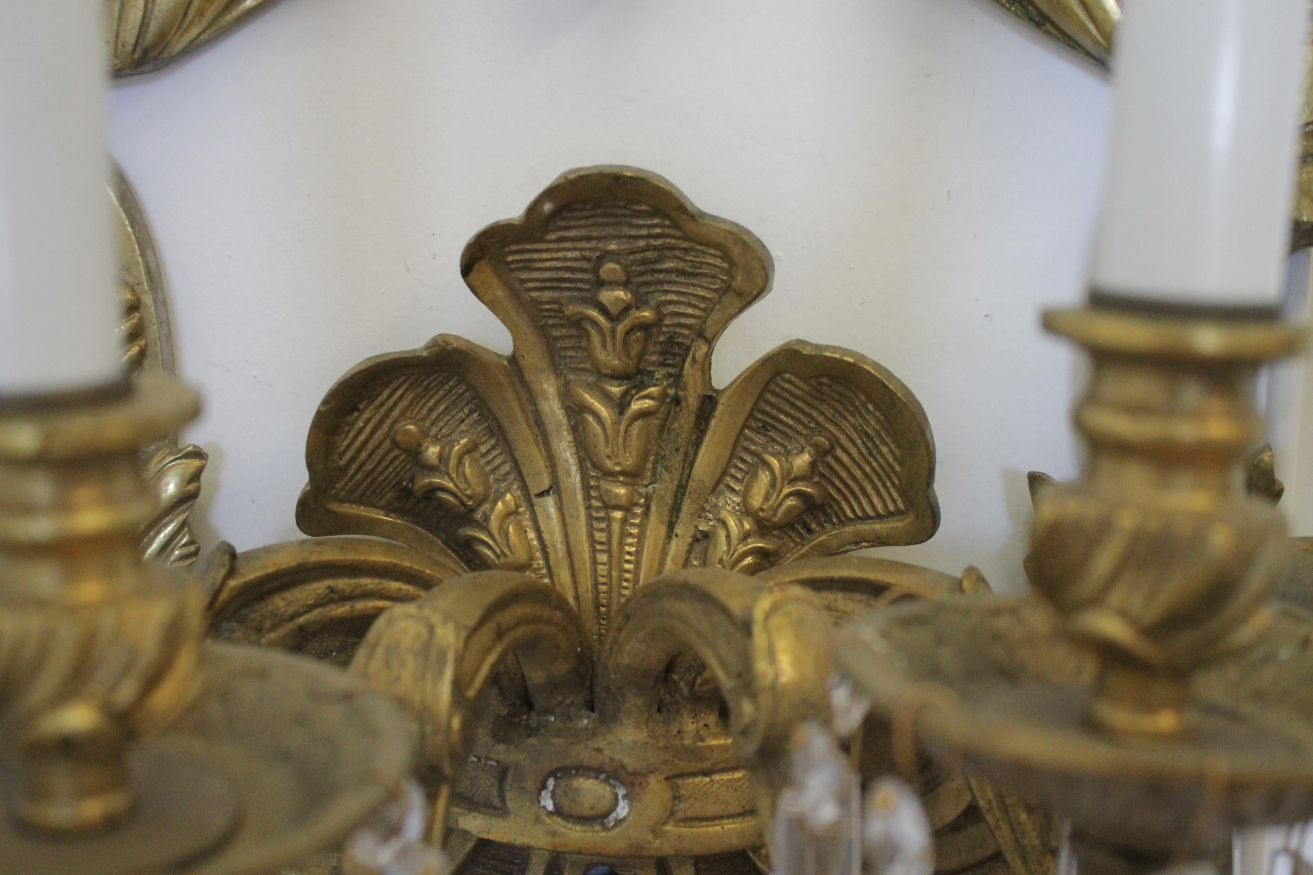 Pair of French Gilt Bronze Sconces with Crystals 3