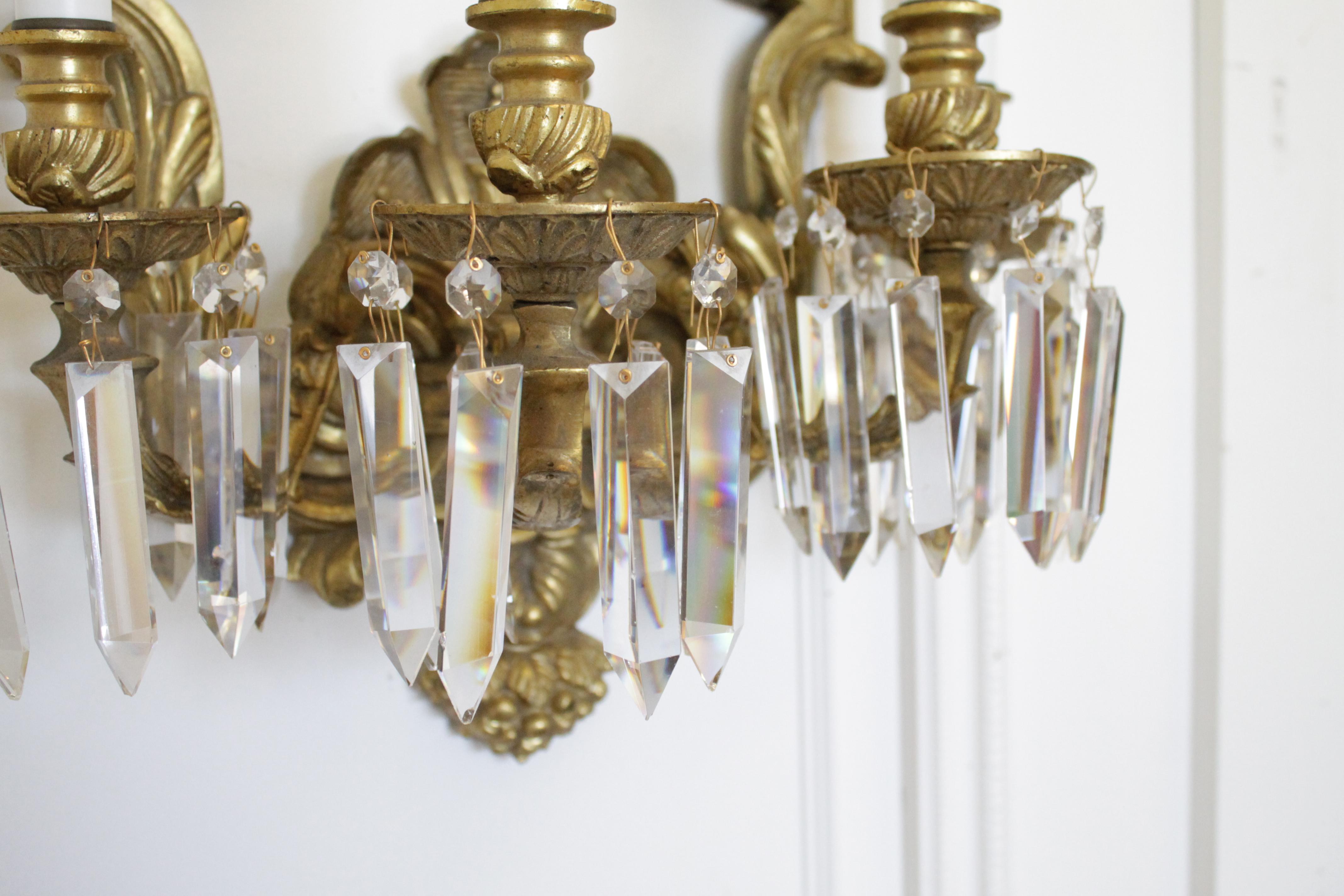 Pair of French Gilt Bronze Sconces with Crystals 5