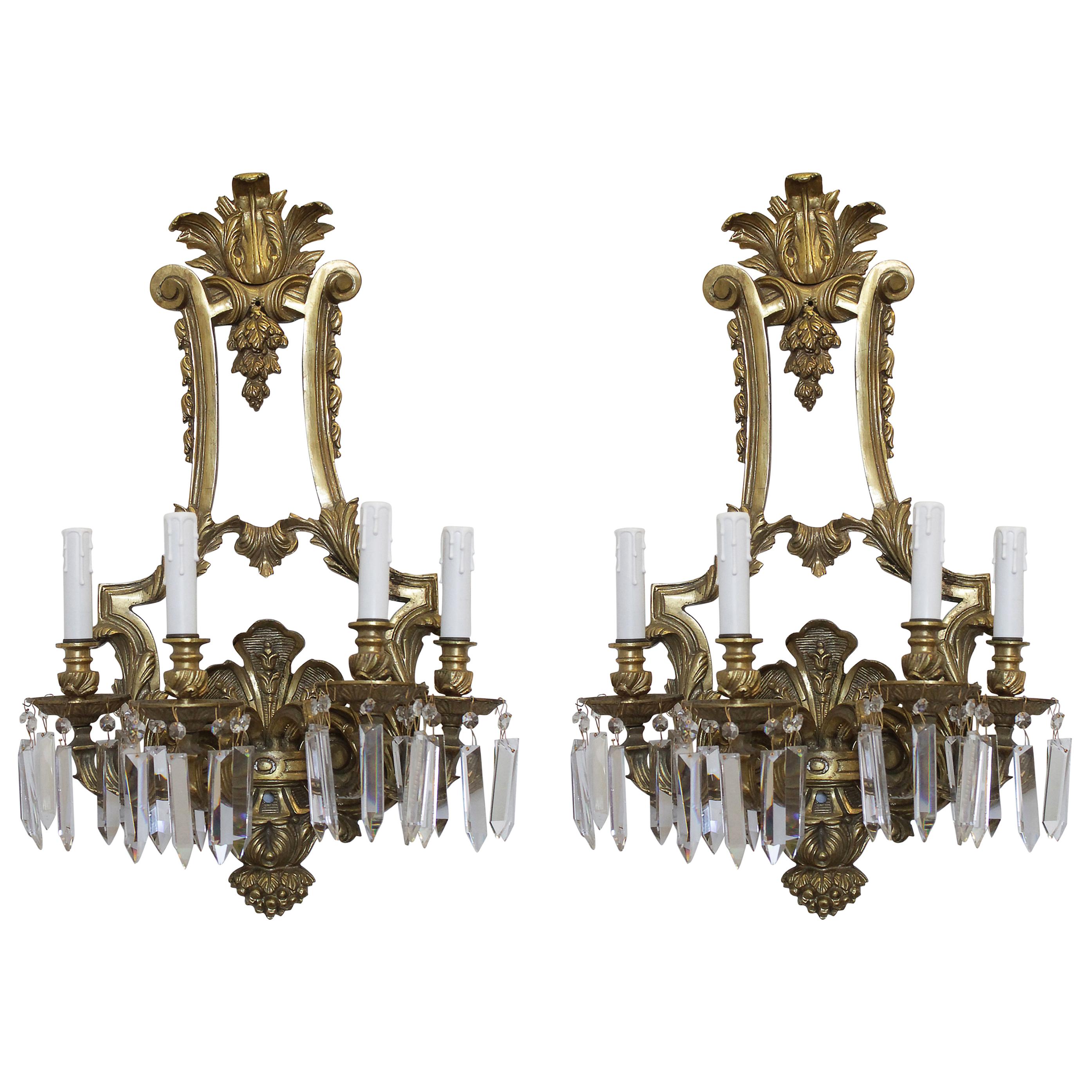Pair of French Gilt Bronze Sconces with Crystals